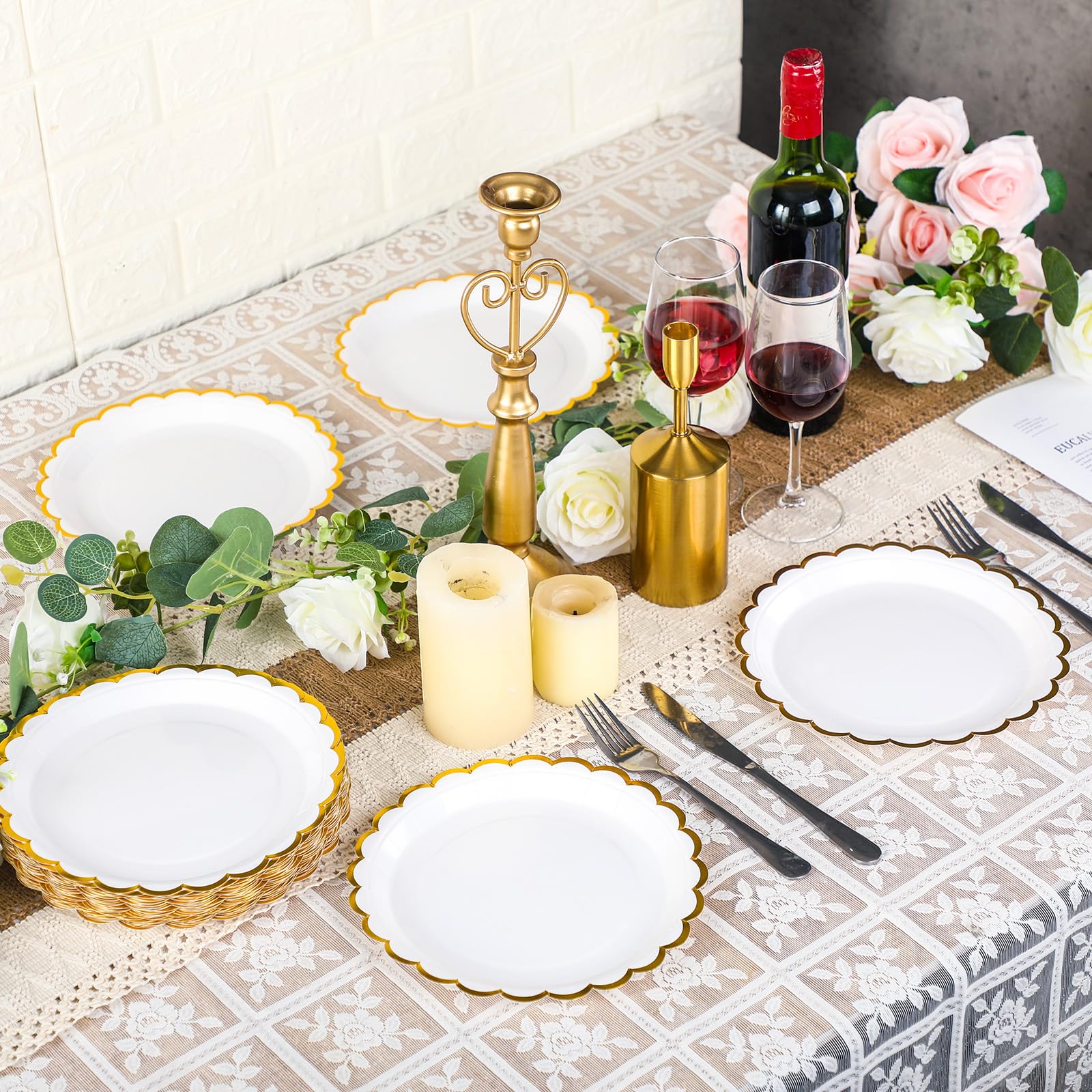 Maxcheck 50 Stück weiße gewellte Pappteller mit Goldfolie, 22,9 cm, Einweg-Pappteller für Kuchen, Dessert, Geburtstag, Babyparty, Hochzeit, Teeparty, Zubehör