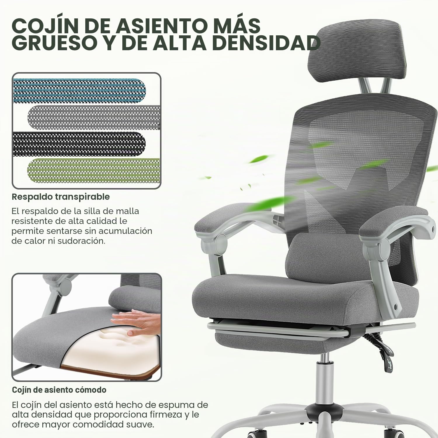 DUMOS Silla de Oficina Ergonómica: Adecuada para el hogar y la oficina, con Soporte Lumbar y Reposapiés, Gris