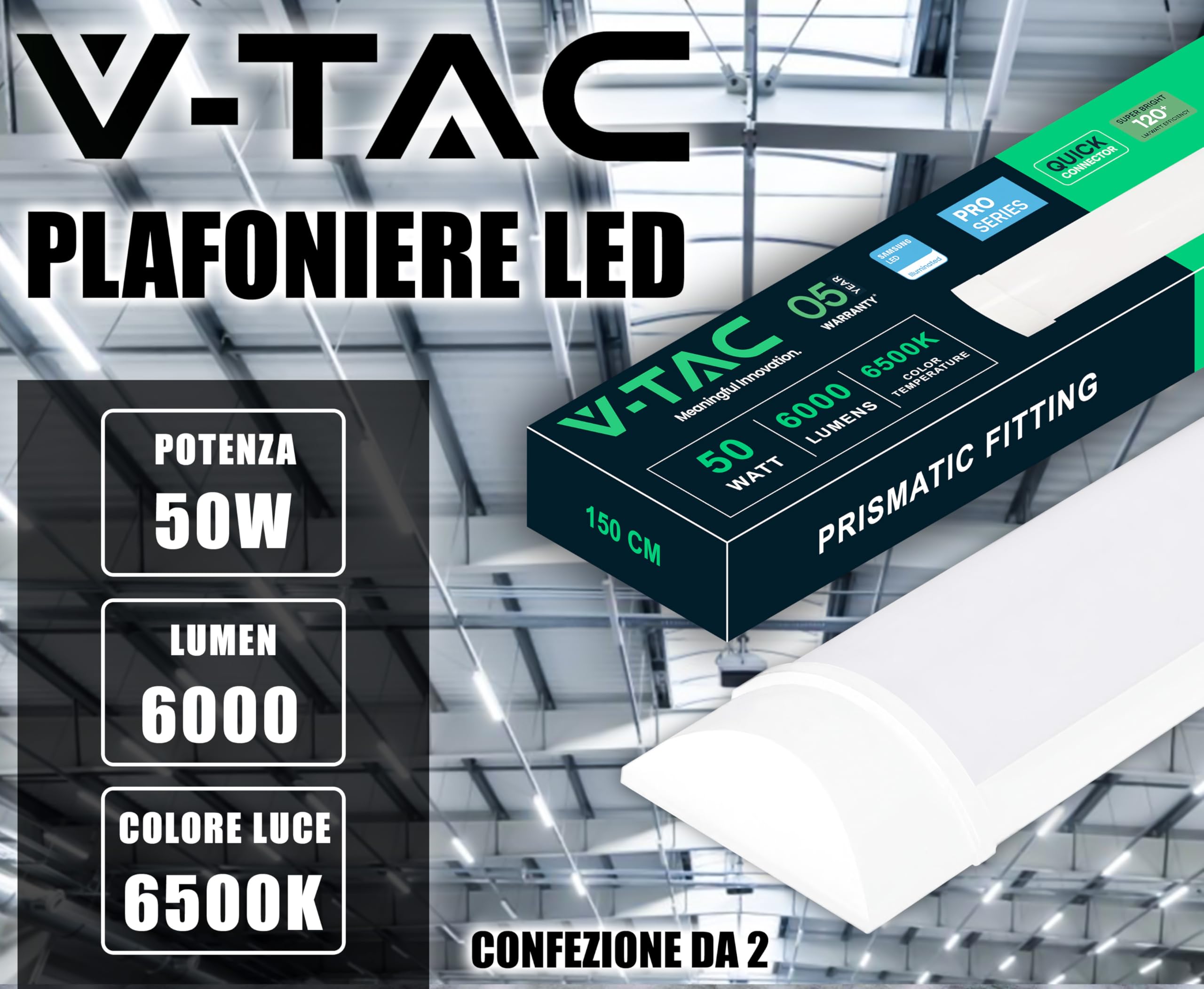 V-TAC 2x Plafoniera LED 150 CM da Soffitto o Parete - 50W - Chip Samsung - Lampada Rettangolare 6000 Lumen IP20 per Parete, Garage, Negozio,Magazzino - Plafoniere Tubo - Luce Fredda 6500K