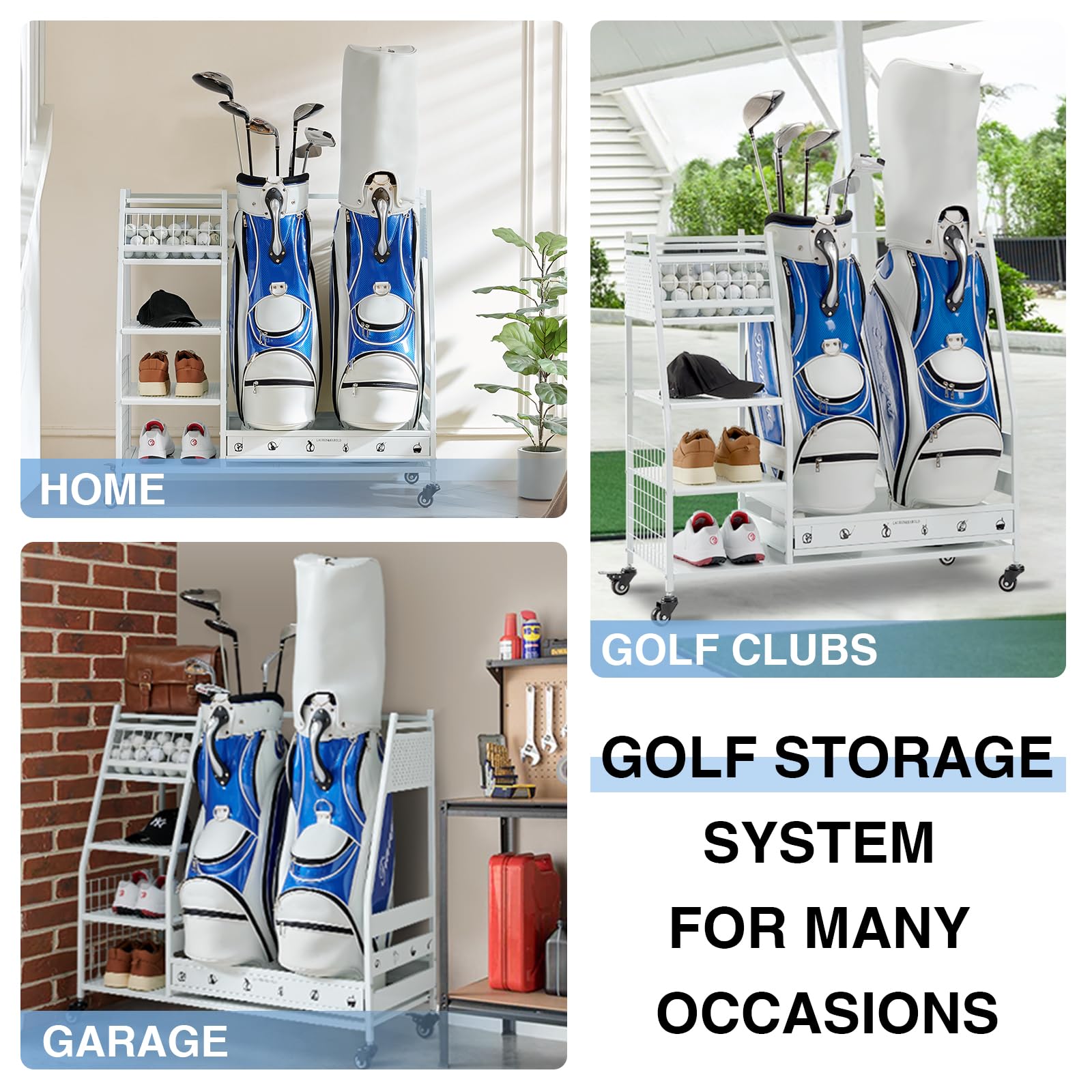 Lauren&Harold Golftaschen-Organizer, passend für 2 Taschen, Schläger und Zubehör, Garage, Schuppen, Keller, weiß