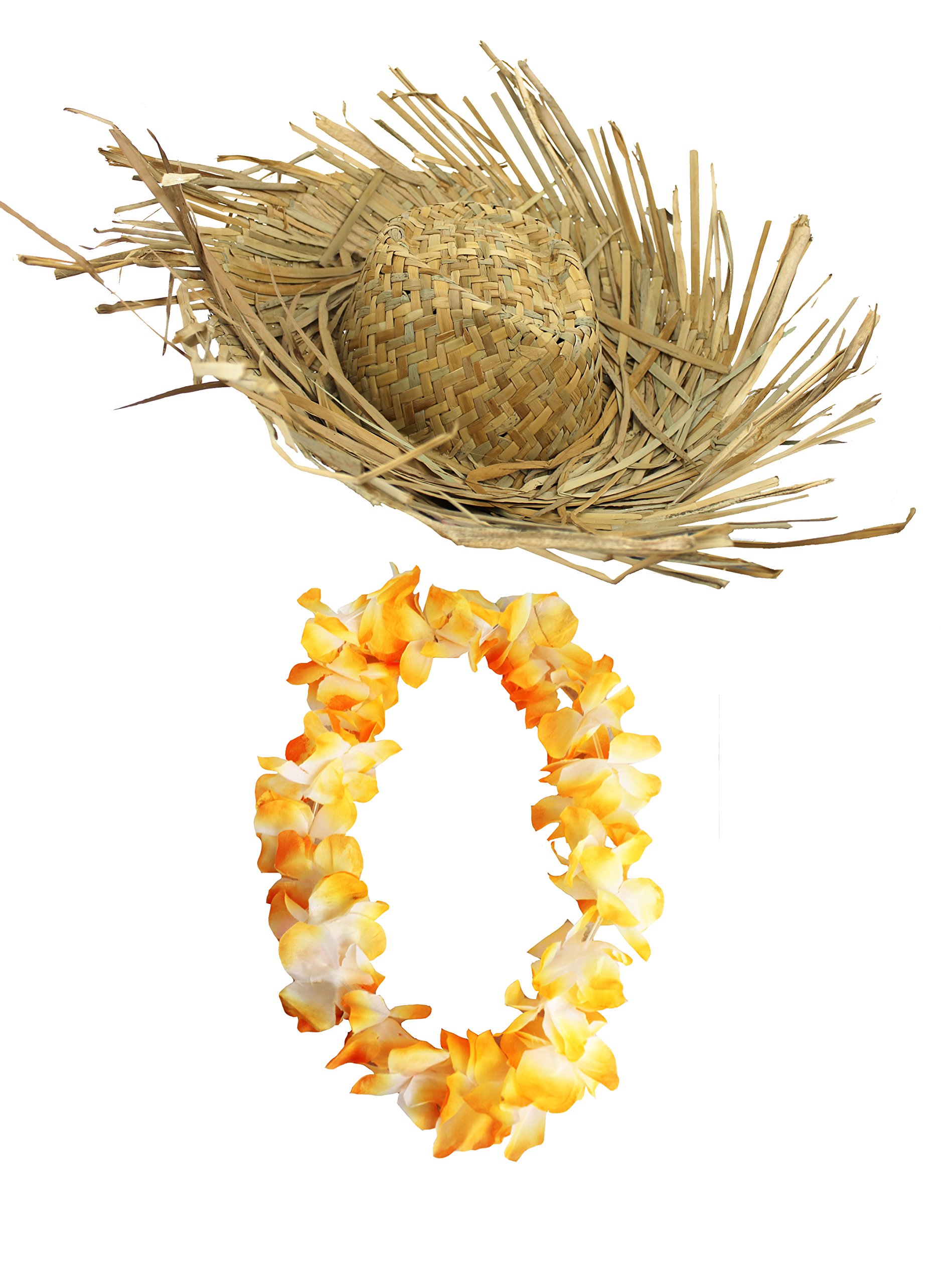 HAWAIIAN LEI + BEACH COMBER HAT FANCY DRESS SET COLOURED 18 INCH LEI HULA BEACHCOMBER HAT SUMMER HAWAII FLOWER LEI GARLAND ACCESSORY MENS LADIES (ORANGE)