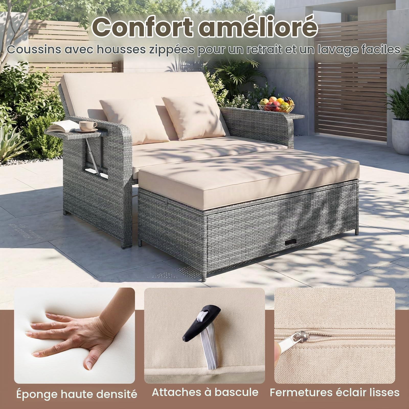 GIANTEX Canape Exterieur Jardin 2 Pièces, Canapé de Jardin 2 Places en Rotin PE, Ottoman de Rangement, Dossier Réglable, Tables d'Appoint Rétractables, Coussins Doux, pour Porche, Patio, Gris+Kaki
