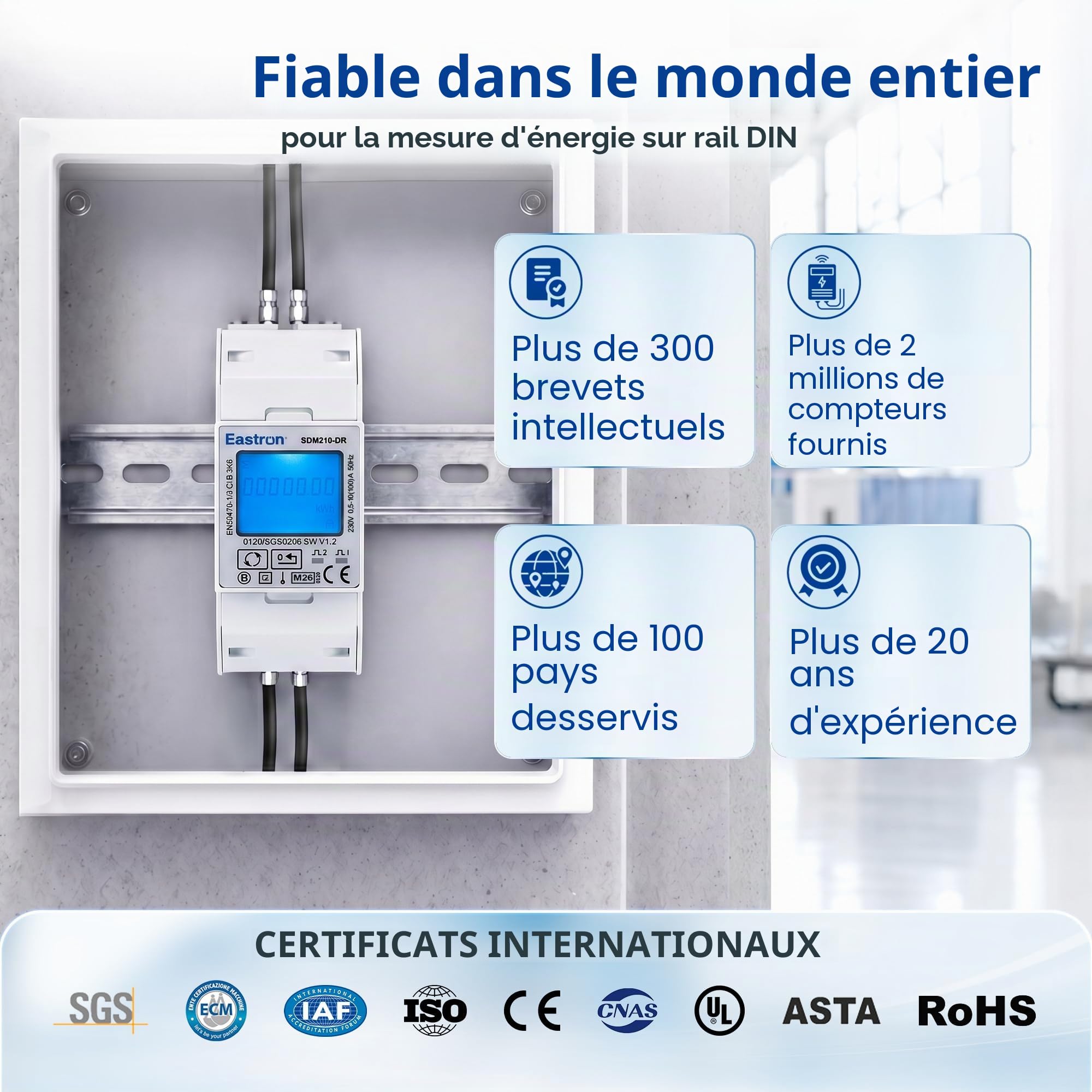 Compteur d'énergie monophasé Modbus, avec entrée électrique - 100A, sortie impulsionnée fixe 1000imp/kWh - Nécessite des entrées de tension secteur (phase et neutre entrée et sortie) - SDM210-DR-MID
