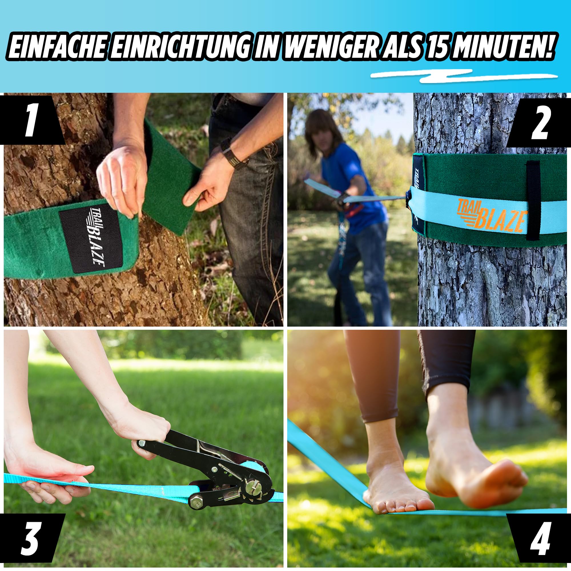 TRAILBLAZE Kit Slackline Completo – Con Protezioni Alberi + Sacca Porta Slackline - Installazione Facile - Kit per Principianti da 15m per Camminate e Equilibrismo