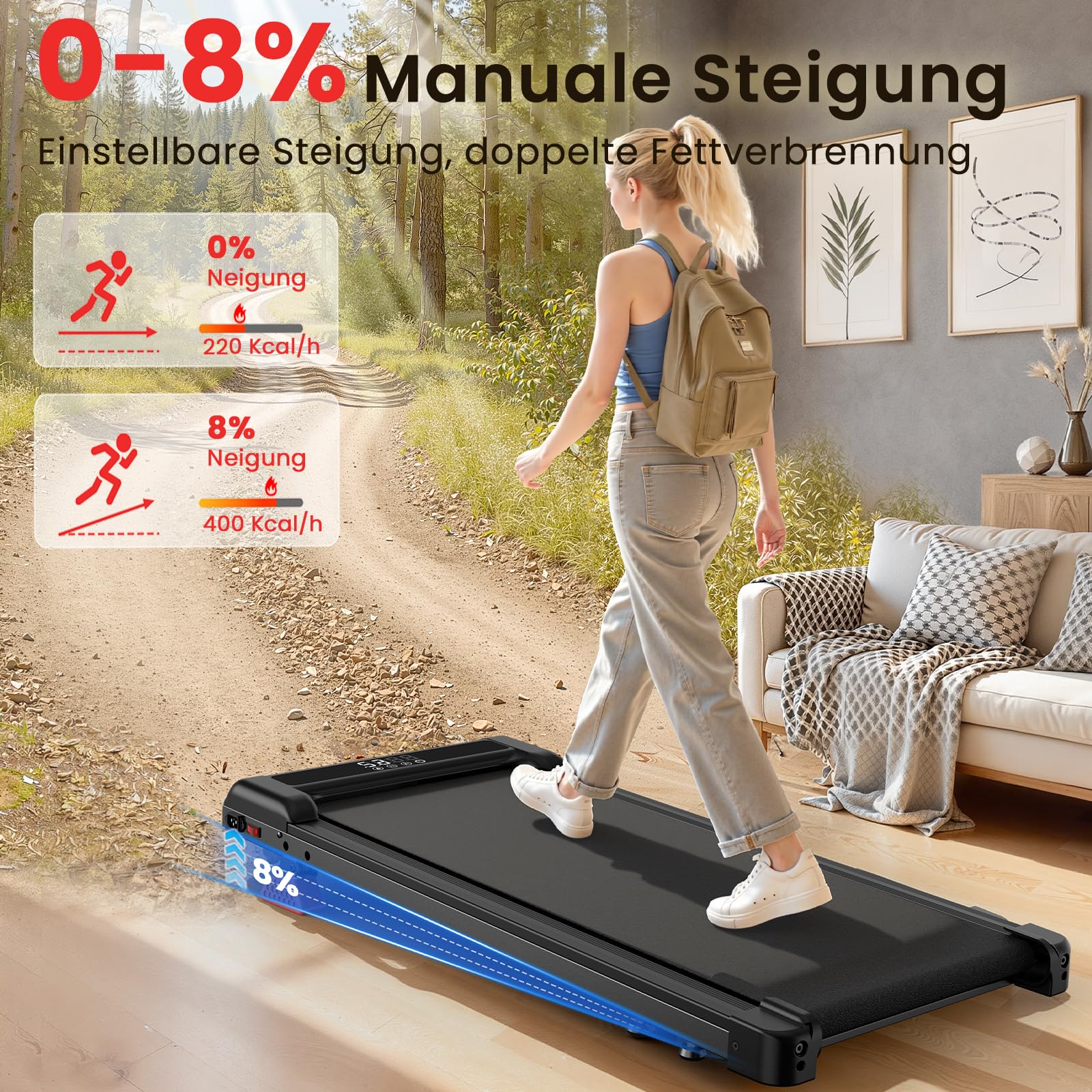 HomeFitnessCode Walking Pad für Zuhause mit Neigung - Laufband Laufpad Steigung Klein Walkpad Untertisch Elektrisch Walking Band Gehband Treadmill
