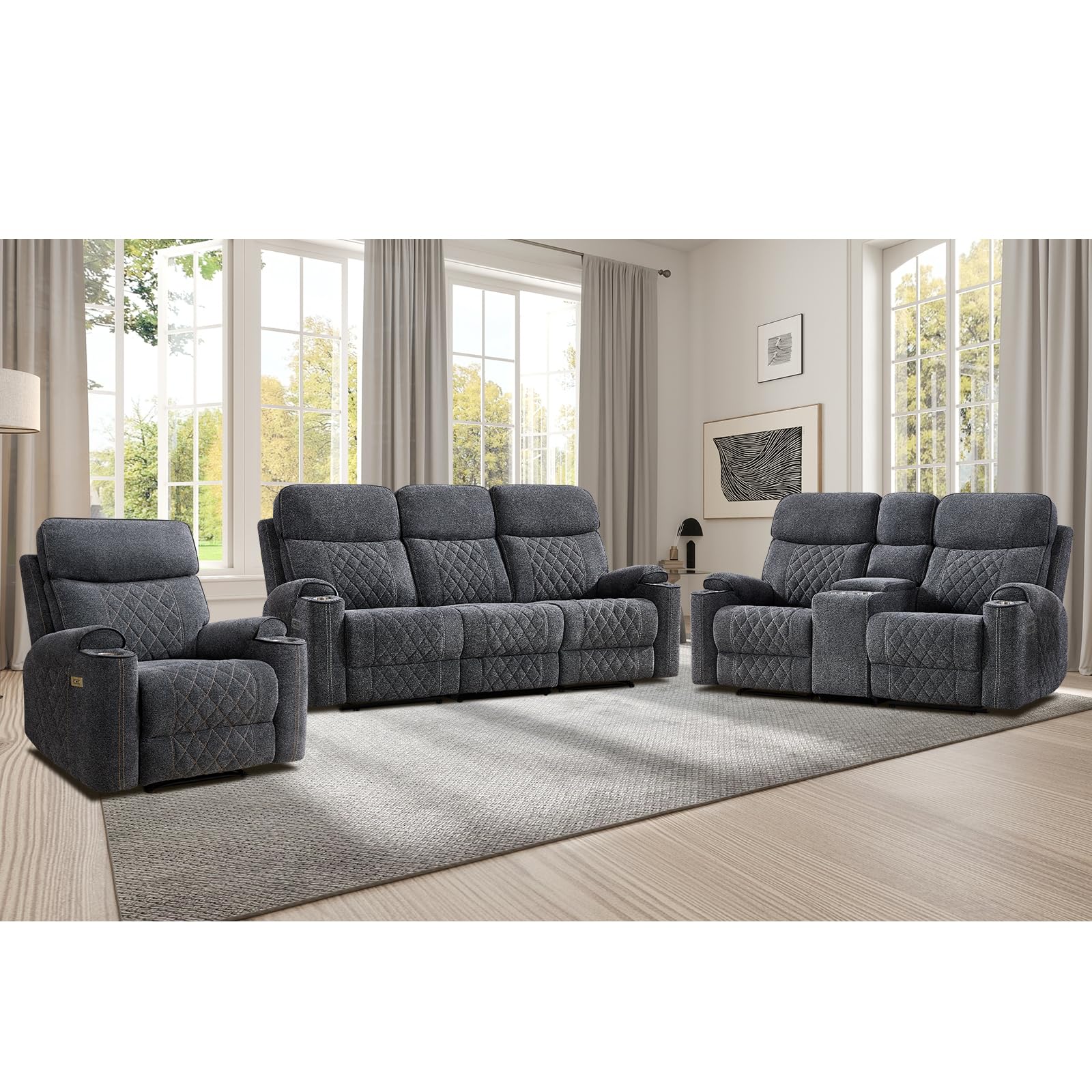 EBELLO Fabric Power Reclining Sofa Set