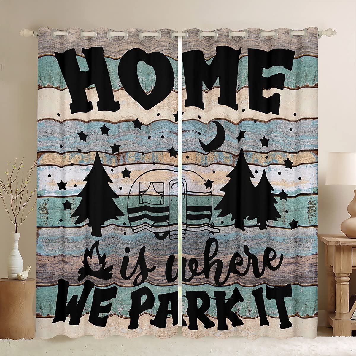 Tende per finestre per camper per bambini tende da campeggio felici per camera da letto rustico fattoria decorazione in legno trattamenti per finestre W52* L63inch