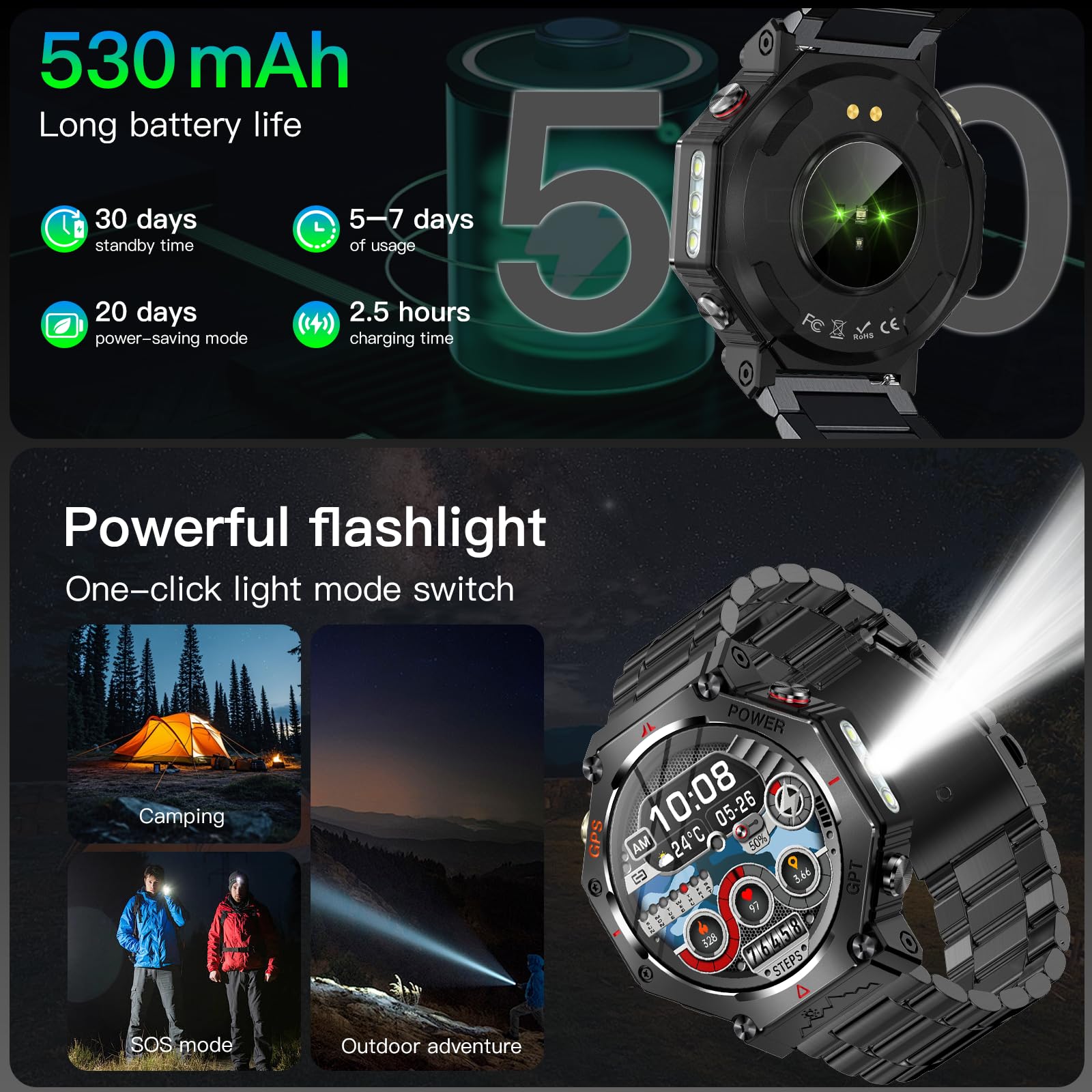 2026 AI Smartwatch Uomo con GPS/Altezza/Pressione Sanguigna/Torcia LED | 1.39''Orologio Smartwatch con 530mAh/Chiamata,3ATM Impermeabile 110+Modalità Sport Cardiofrequenzimetro SpO2 per Android iOS