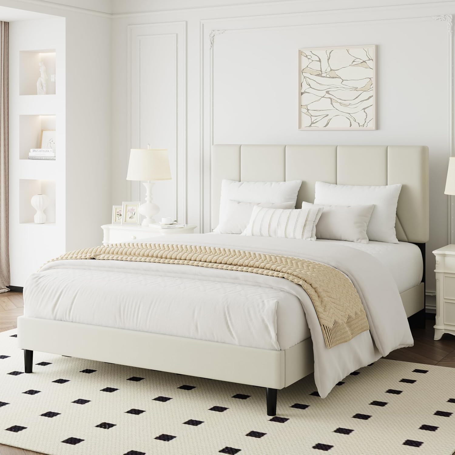 Full Bed Frame, Padded Platform Bed Frame with Velvet Headboard, Vertical Quilted Design, Sturdy Slatted Mattress Base, No Spring Mattress Required, Easy to Assemble, Beige