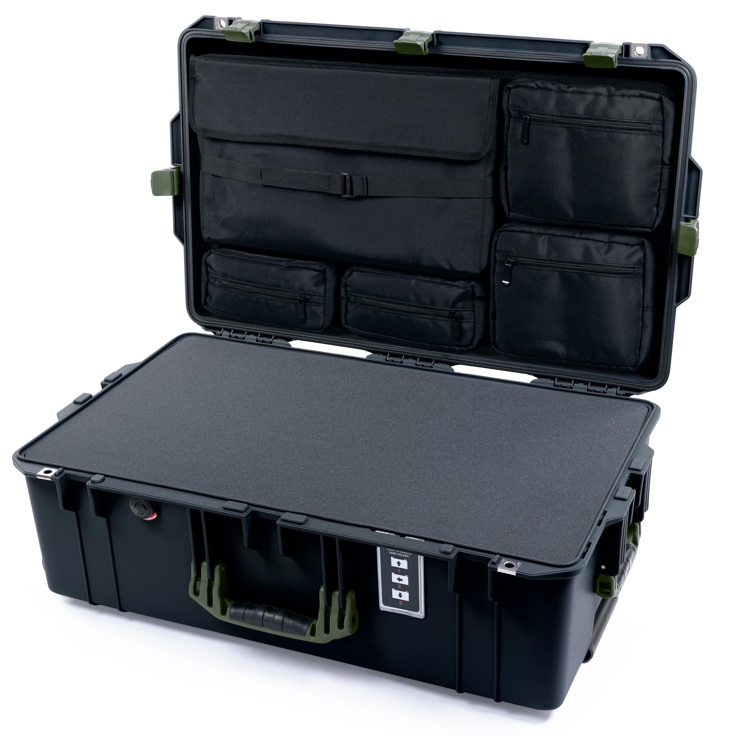 Pelican 1595 Case by ColorCase - Black - Large Sized Waterproof Case with Pick & Pluck Foam & Laptop Computer Lid Pouch - OD Green Handles & Latches