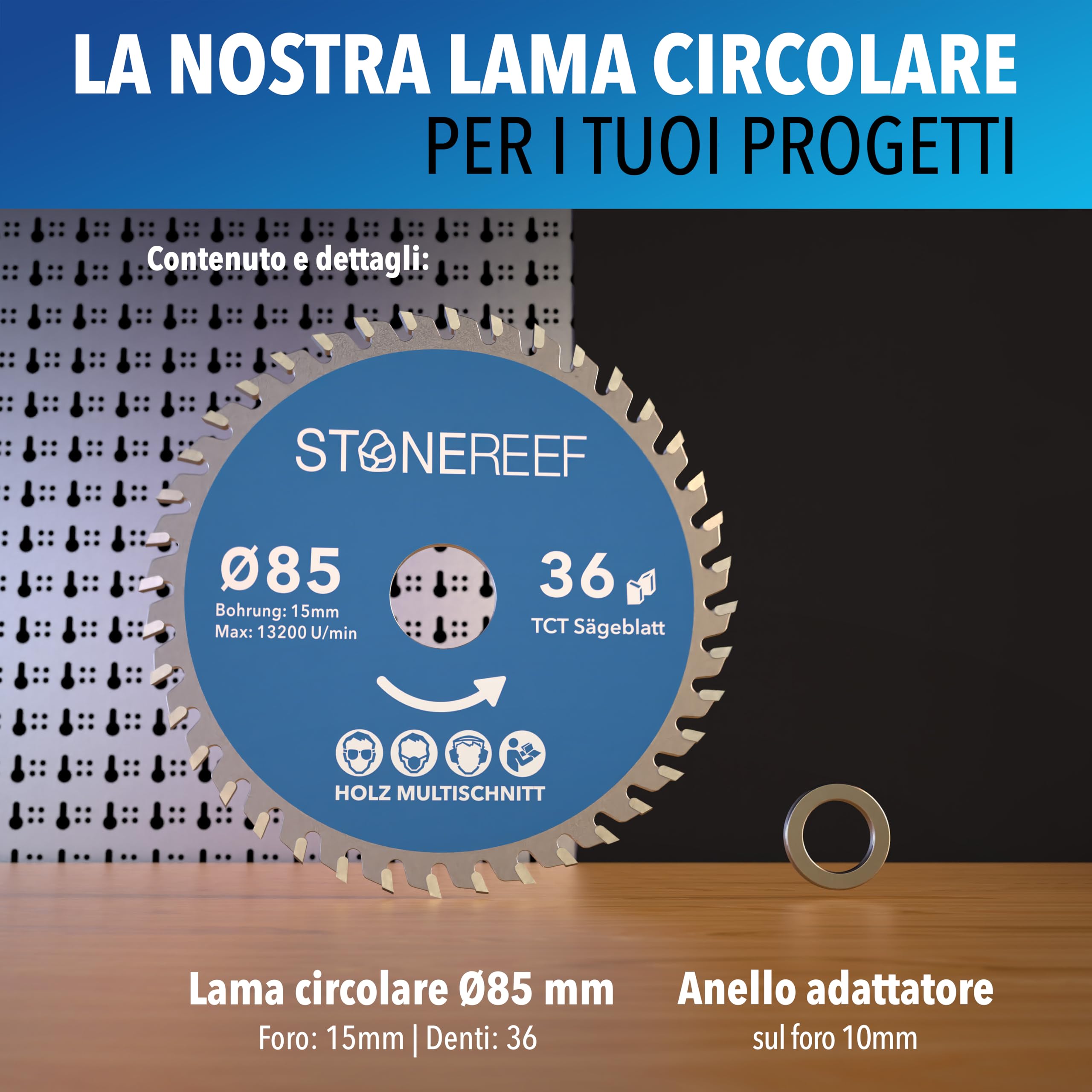 STONE REEF Lama per sega circolare 85 x 15 - Acciaio al carbonio, compatibile con legno, laminato, plastica, alluminio e acciaio