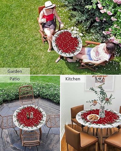 Miniatura 6 de Mantel redondo ajustable de Navidad para mesa redonda, mantel rojo floral de Navidad, mantel impermeable con borde elástico, mantel circular rojo de