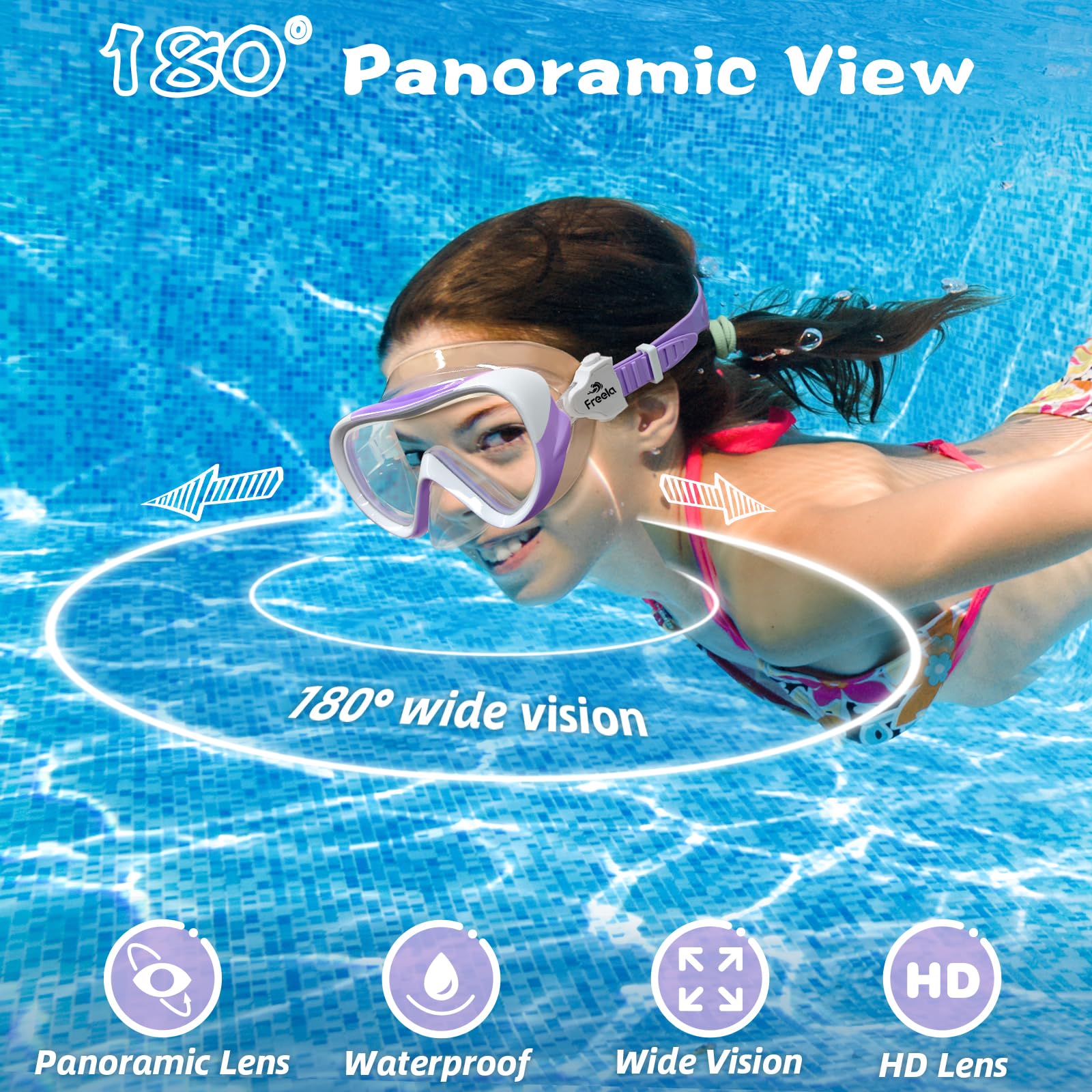 Freela Gafas de natación para niños de 3 a 15 años con cubierta de nariz, lente de vidrio templado antivaho, sin fugas, máscara de buceo de visión clara de 180°