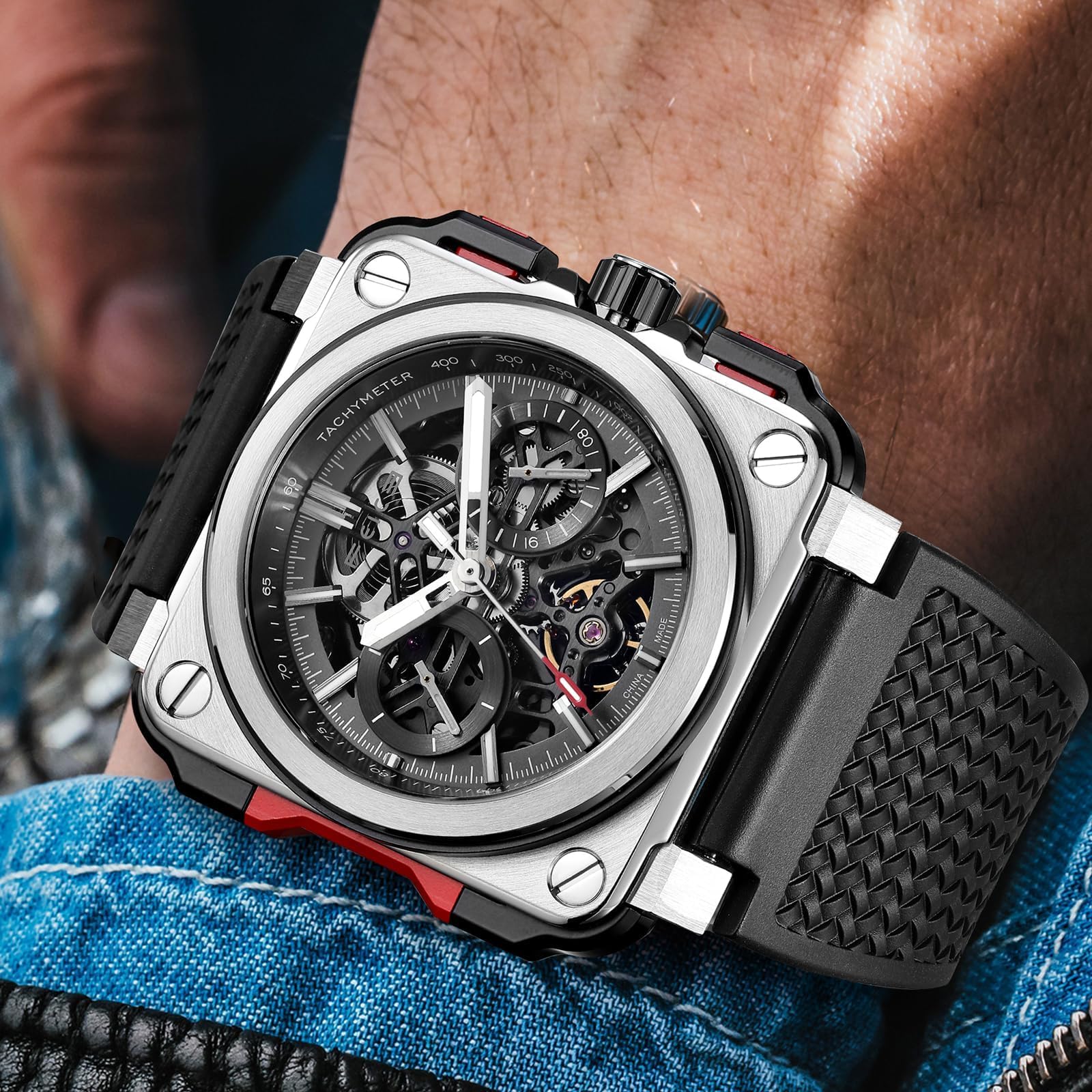 FEICE FM507 Orologio da polso automatico da uomo con scheletro automatico e calendario meccanico, orologio da polso quadrato sportivo, orologio luminoso impermeabile 10 ATM, sport