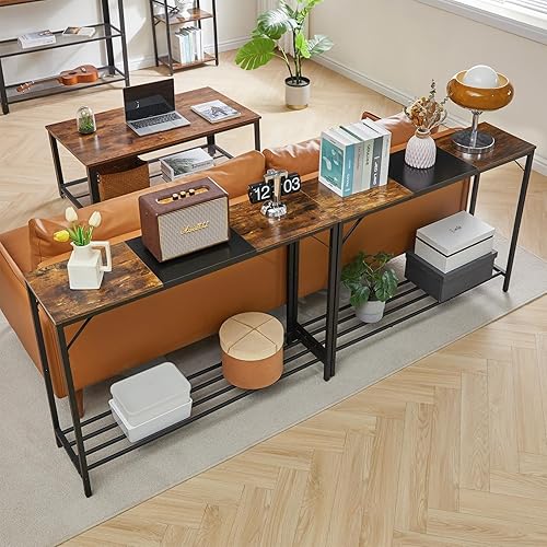 Miniatura 4 de YMYNY UHST006HB - Mesa de consola estrecha, mesa de entrada industrial de 42.1 pulgadas de largo, mesa auxiliar de sofá de 2 niveles con estante de