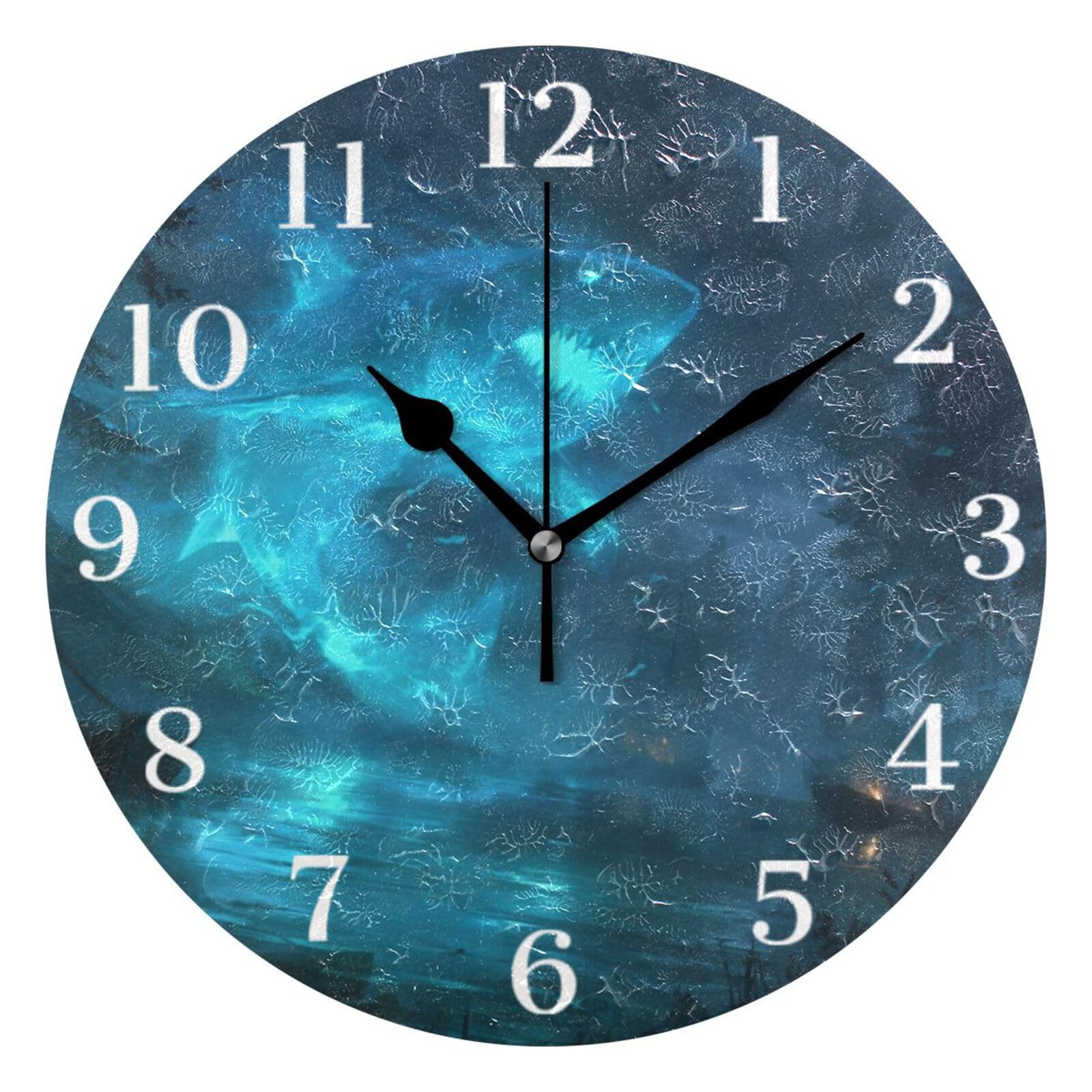 Ensound Green Shining Shark Wall Clock Silent Non-Ticking Battery Operated Clocks 12 Inch for Kitchen Home Living Room
