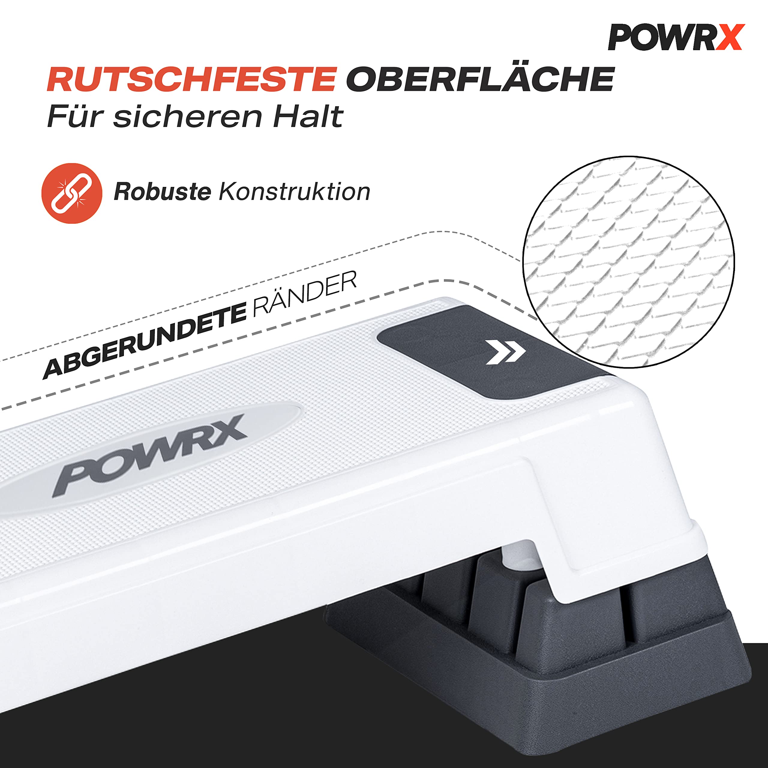 POWRX Aerobic Steppbrett 12/17/24cm (3 Stufen) Weiß I Stepper höhenverstellbar und rutschfest für Aerobic, Gymnastik und Fitness I Home Step Stepbench