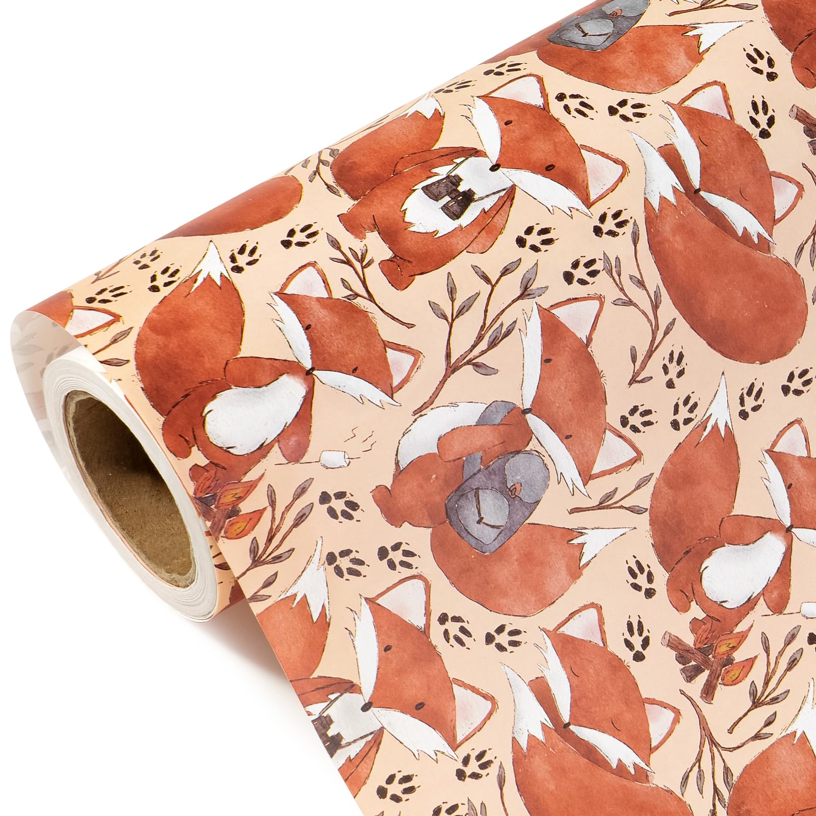 WRAPAHOLIC Kraft Fall Wrapping Paper - Mini Roll - 17 Inch x 16.5 Feet - Cute Fox Animal Wrapping Paper for Autumn, Thanksgiving, Party, Holiday