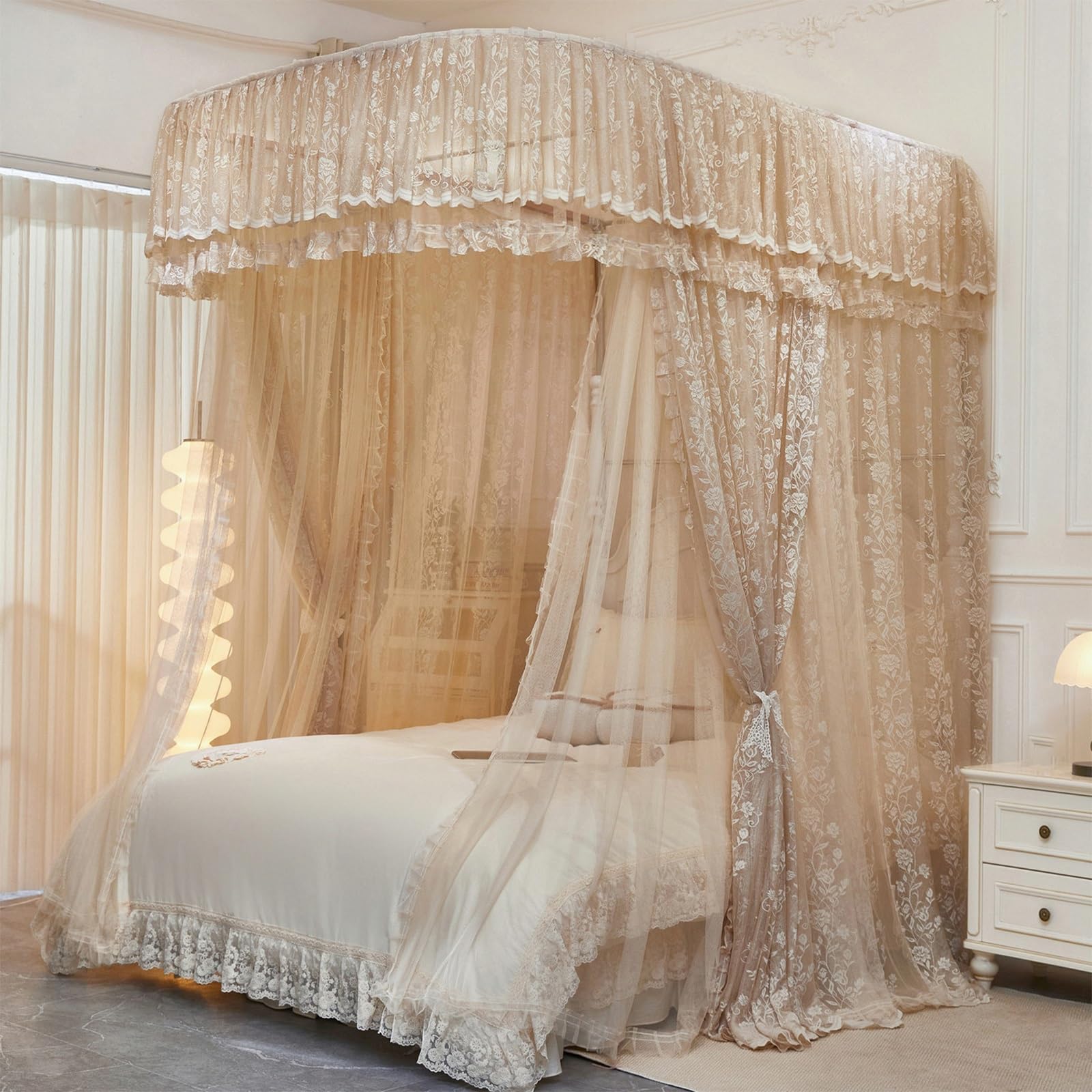 SARKEY Luxuriöses Bettmarkisennetz,4-Pfosten Prinzessinnen Betthimmel,Prinzessinnen-Betthimmel Mit Führungsschiene,Für Hochzeit,Schlafzimmer,Kinderzimmer,Dekoration(CJ,180x200x210cm(71"x79"x83"))