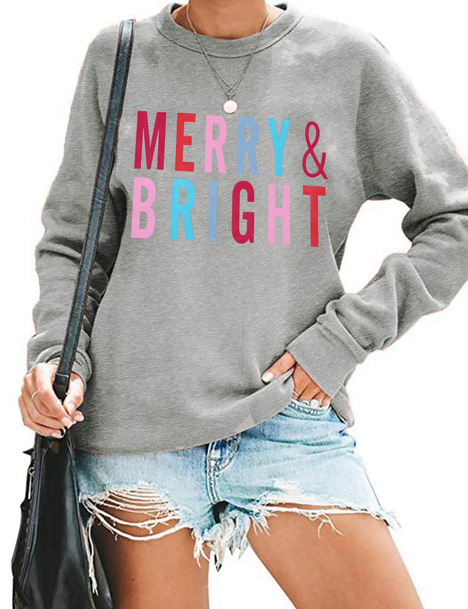 MOUSYA Christmas T-Shirt Women Merry Bright Colorful Letter Printed Sweatshirt Casual Long Sleeve Round Neck Pullover Tops
