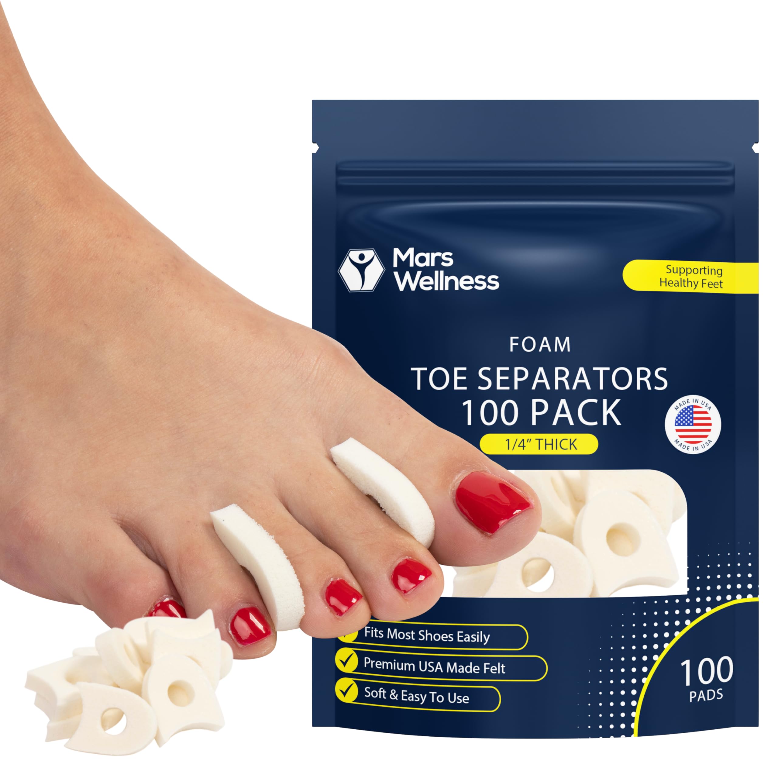 Foam Toe Separators for Women and Men, Made in USA 1/4 Inch, 100 Pack