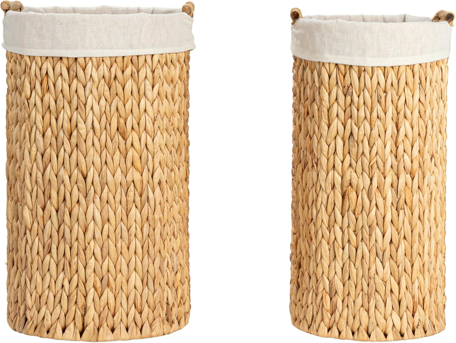 Household Essentials Handwoven Water Hyacinth Oval Hamper Set with Cotton Lining, Natural, Set of 2