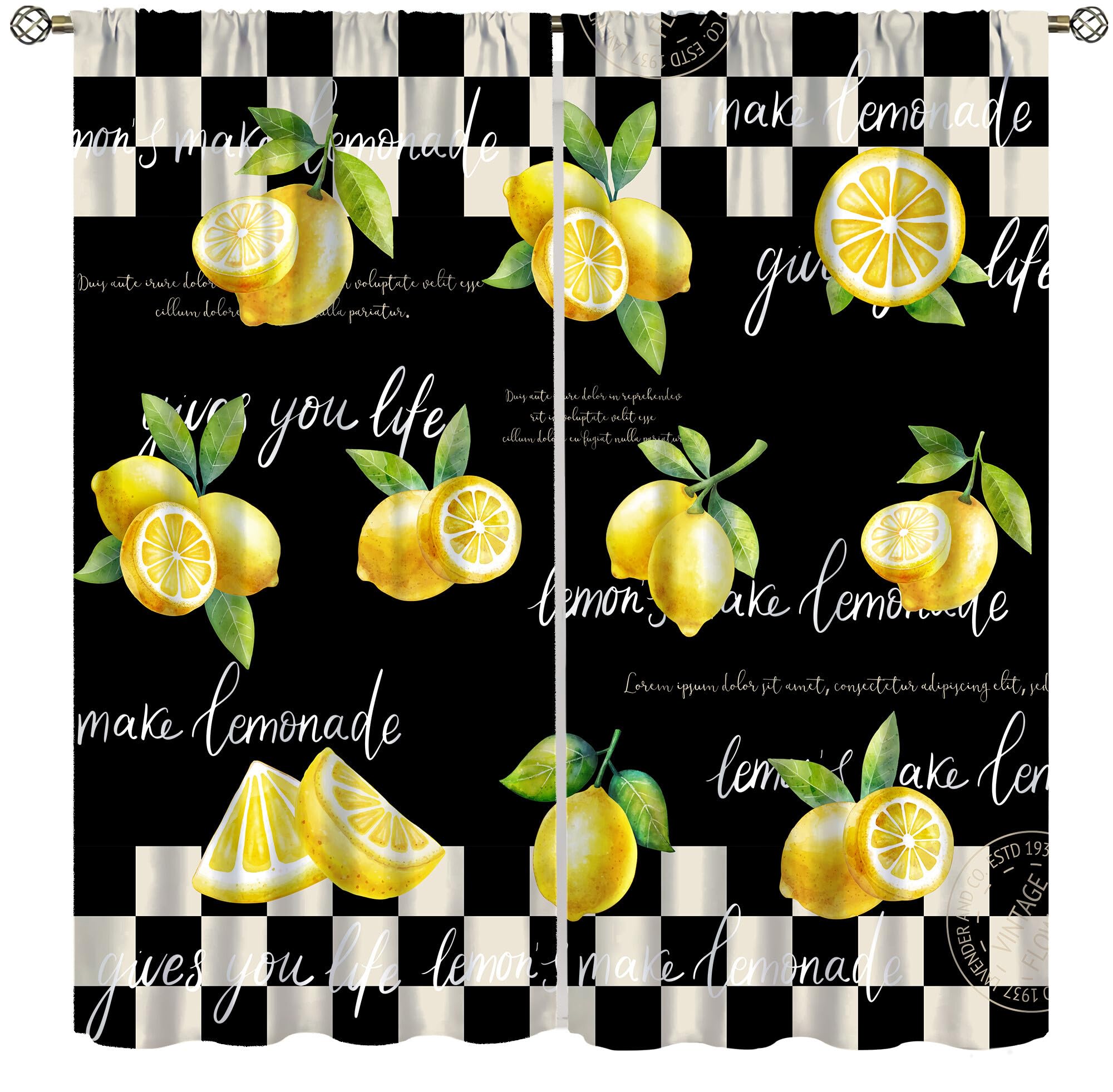 Llylumty Vintage Black White Buffalo Plaid Kitchen Curtains Rod Pocket Lemon Kitchen Decor Rustic Fruit Words Stamp Lattice Art Small Living Room