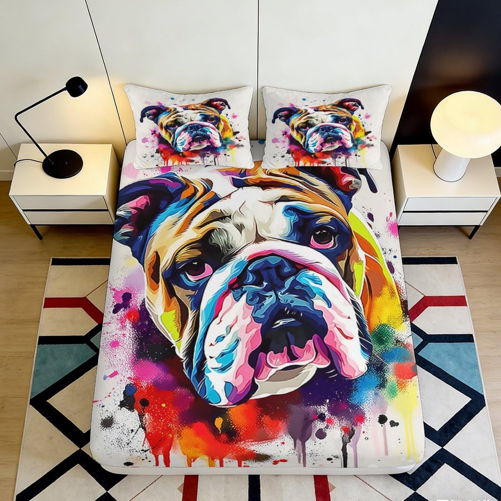 3D Printed Bulldog Art Fitted Sheet Microfiber Colorful Bed Cover for Bedroom Guest Room Mattress Protection 90x200x25cm