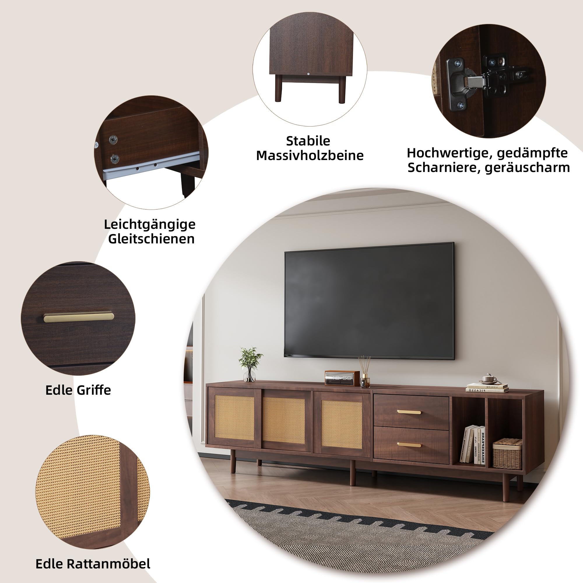Merax Meuble TV Bas 190 cm pour TV 75 Pouces avec 3 Portes en rotin PE et 2 tiroirs, Buffet TV Design avec 2 Compartiments Ouverts, 6 Pieds Stables – 190x40x52 cm