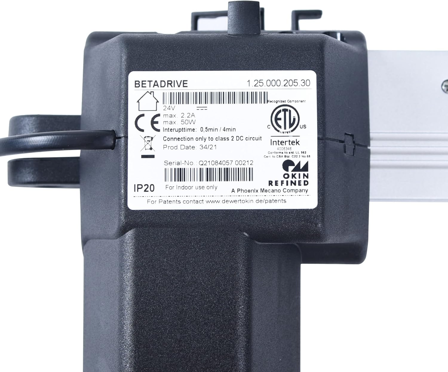 Close-up of Okin Betadrive motor label showing model number and specifications