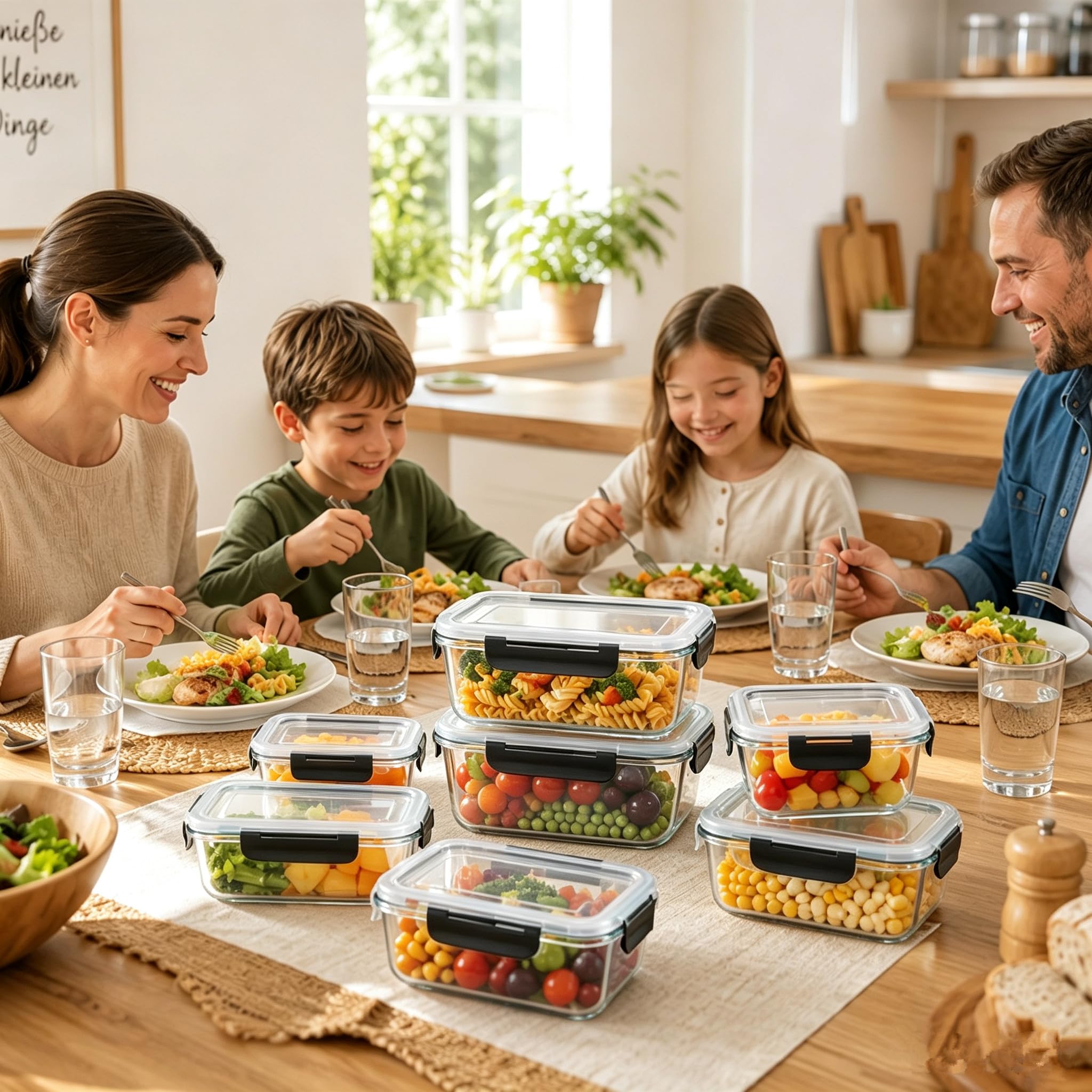 Juego de 8 cajas de almacenamiento de cristal, sin BPA, apto para microondas y congelador, perfecto para preparar comidas y almacenamiento de alimentos. (Negro)
