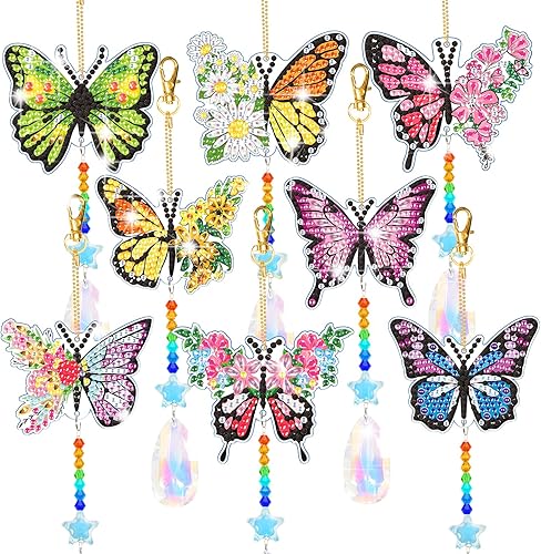 8 piezas de pinturas de diamantes de mariposa, atrapasoles de doble cara, pinturas de diamantes 3D de doble cara, pintura de campanilla de viento