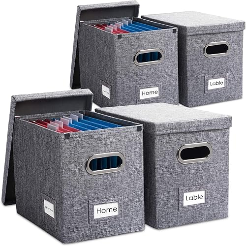 Miniatura 43 de PRANDOM Caja organizadora de archivos, juego de 4 carpetas plegables decorativas de lino para almacenamiento de archivos colgantes con tapas, Gris
