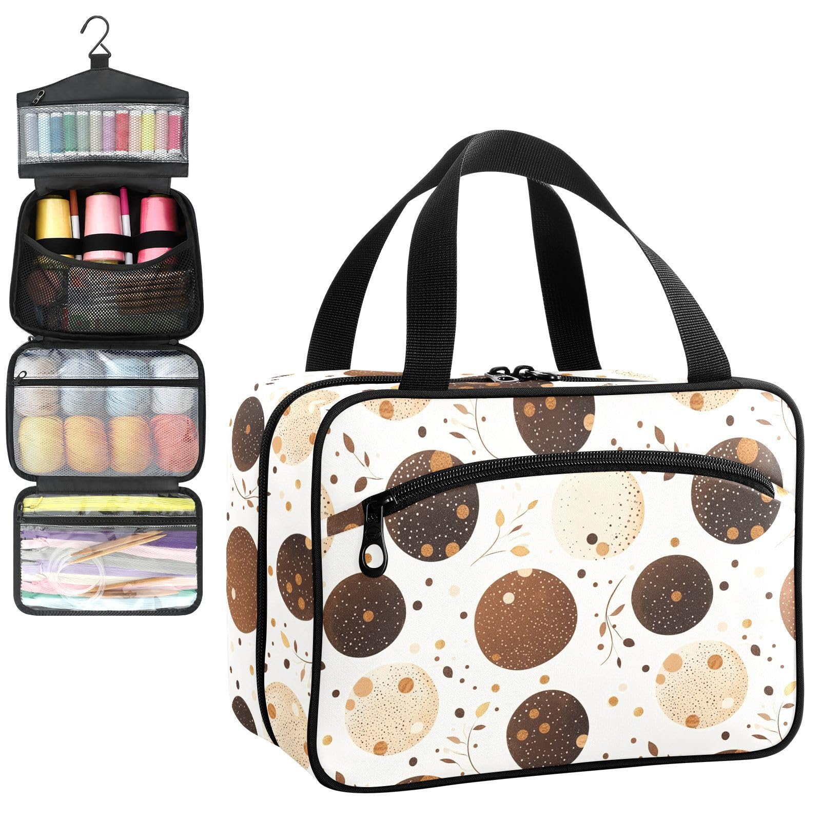 YNNALE Sewing Supply Organizer Bag, Modern Round Brown and Chocolate Colored Portable Sewing Bags with Pockets&Hanger, Sewing Storage Box Case for Sew Supplies/Kit/Tools/Accessories (BAG ONLY)
