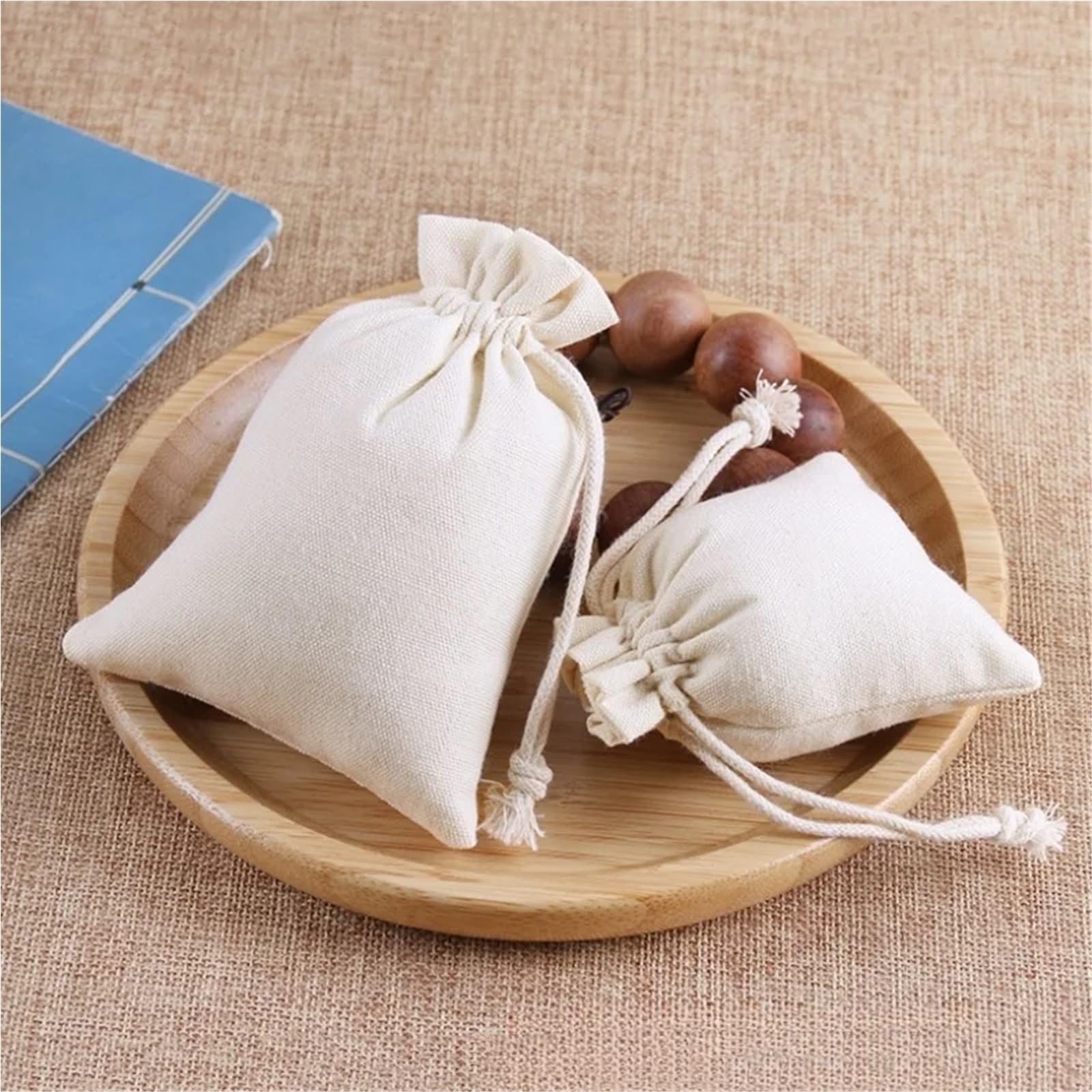 Sac À Cordon En Coton Sacs en toile de coton blanc/noir, 50 pièces, sacs à cordon de serrage, emballage de bijoux et bonbons, pochettes de rangement(Beige,12x15cm)