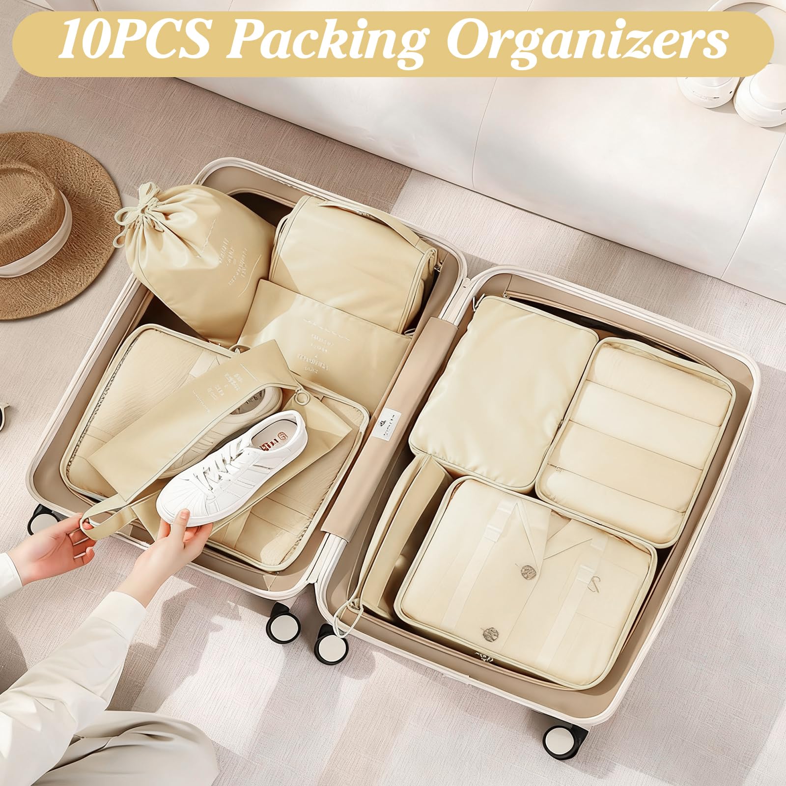 Zorplex Set di Organizer per Valigia, 10 Pezzi, Packing Cubes Salvaspazio per Abbigliamento, Cosmetici, Scarpe e Accessori da Viaggio (Beige)