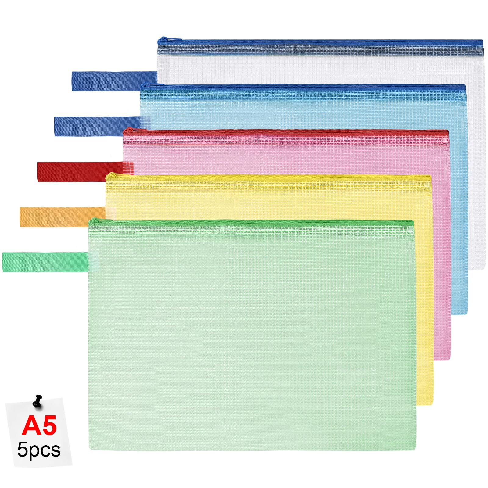 OFFCUP Dokumententasche A5, 5 Stück Mesh Dokumentenmappe Wasserdichte mit Reißverschluss und Griff Wasserdichte, Verdicktem PVC Datei Tasche für Schule Zuhause Büro Reisen Kosmetika