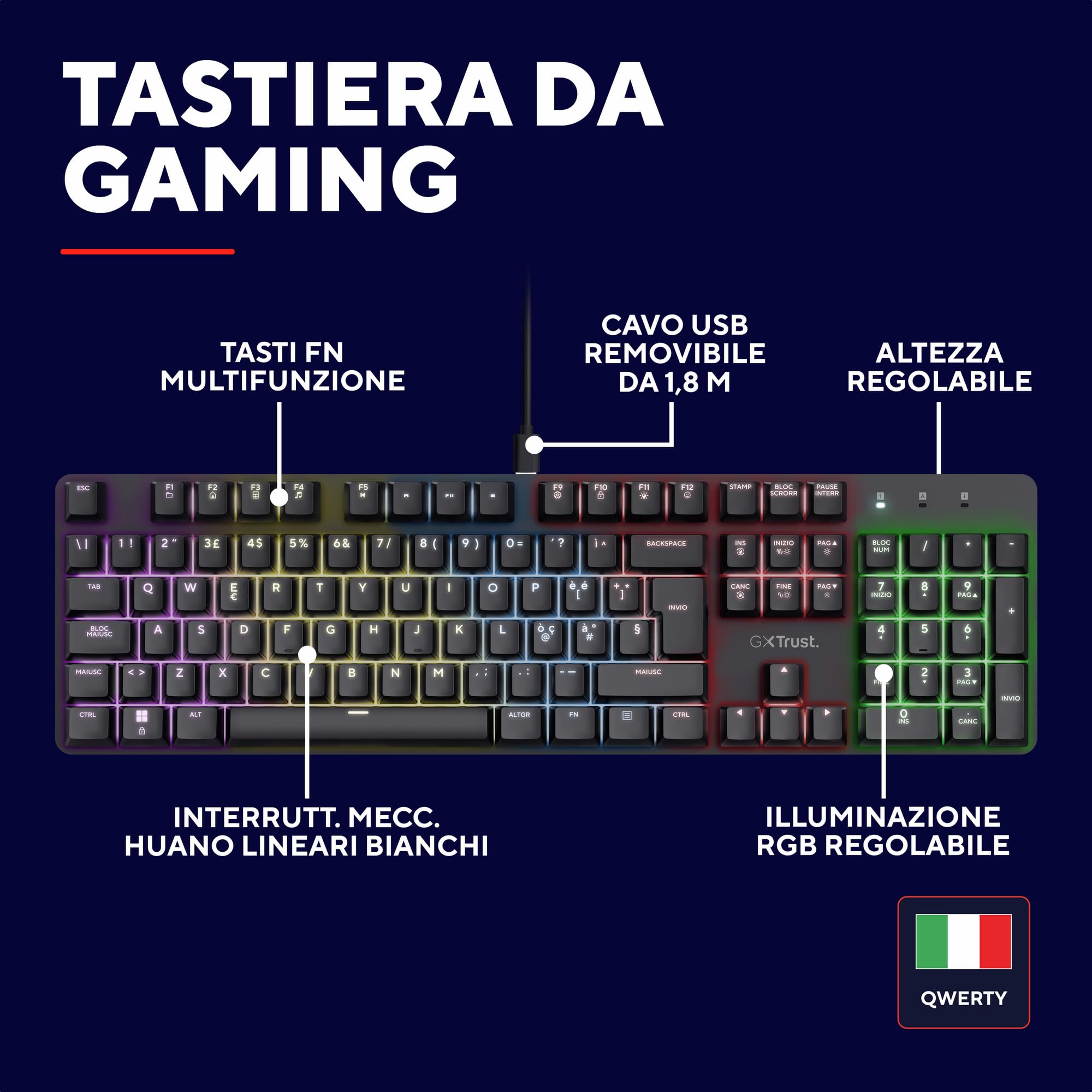 Trust Gaming GXT 871 Zora Tastiera Meccanica 100% Layout Italiano QWERTY Retroilluminata RGB, Tasti Huano Lineari, Anti-Ghosting con N-Key Rollover, Tastiera Gaming con Filo USB, PC, Laptop, Nero