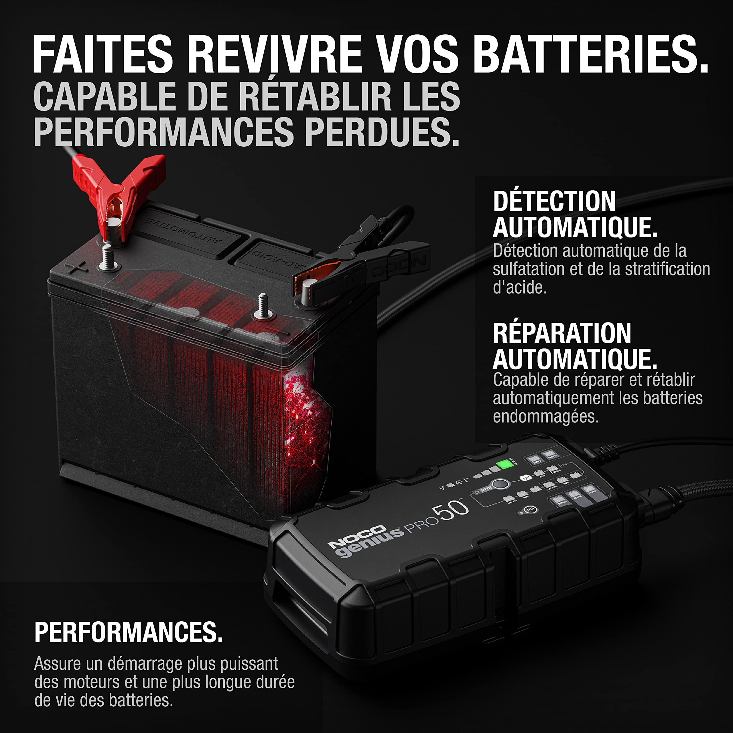 NOCO GENIUSPRO50 : Chargeur de Batterie Professionnel 50A 6V/12V/24V – Maintien, Désulfateur & Alimentation – Protection Surcharge & Compensation Thermique – pour Batteries Plomb & Lithium
