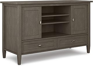 SIMPLIHOME Warm Shaker SOLID WOOD Universal TV Media Stand, 47 inch Wide, Transitional, Living Room Entertainment Center, Storage Cabinet, for Flat Screen TVs up to 55 inches in Farmhouse Grey