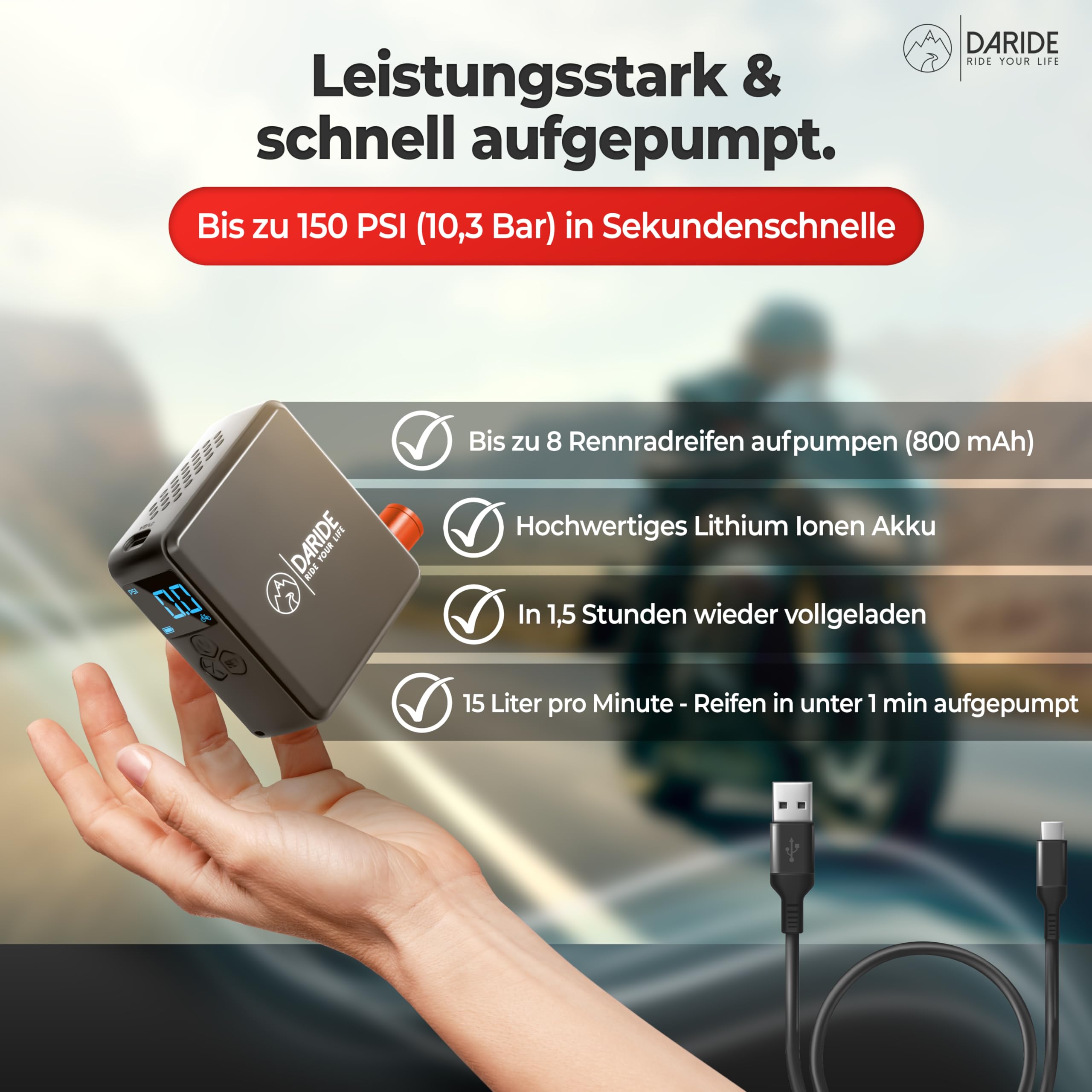 Mini Elektrische Fahrradpumpe - Kleine Akku Luftpumpe & Kompressor für Fahrrad, Auto, Motorrad, Bälle, Tubeless | [10,3 Bar] | Tragbarer Minipumpe & Reifendruckprüfer mit LED-Bildschirm