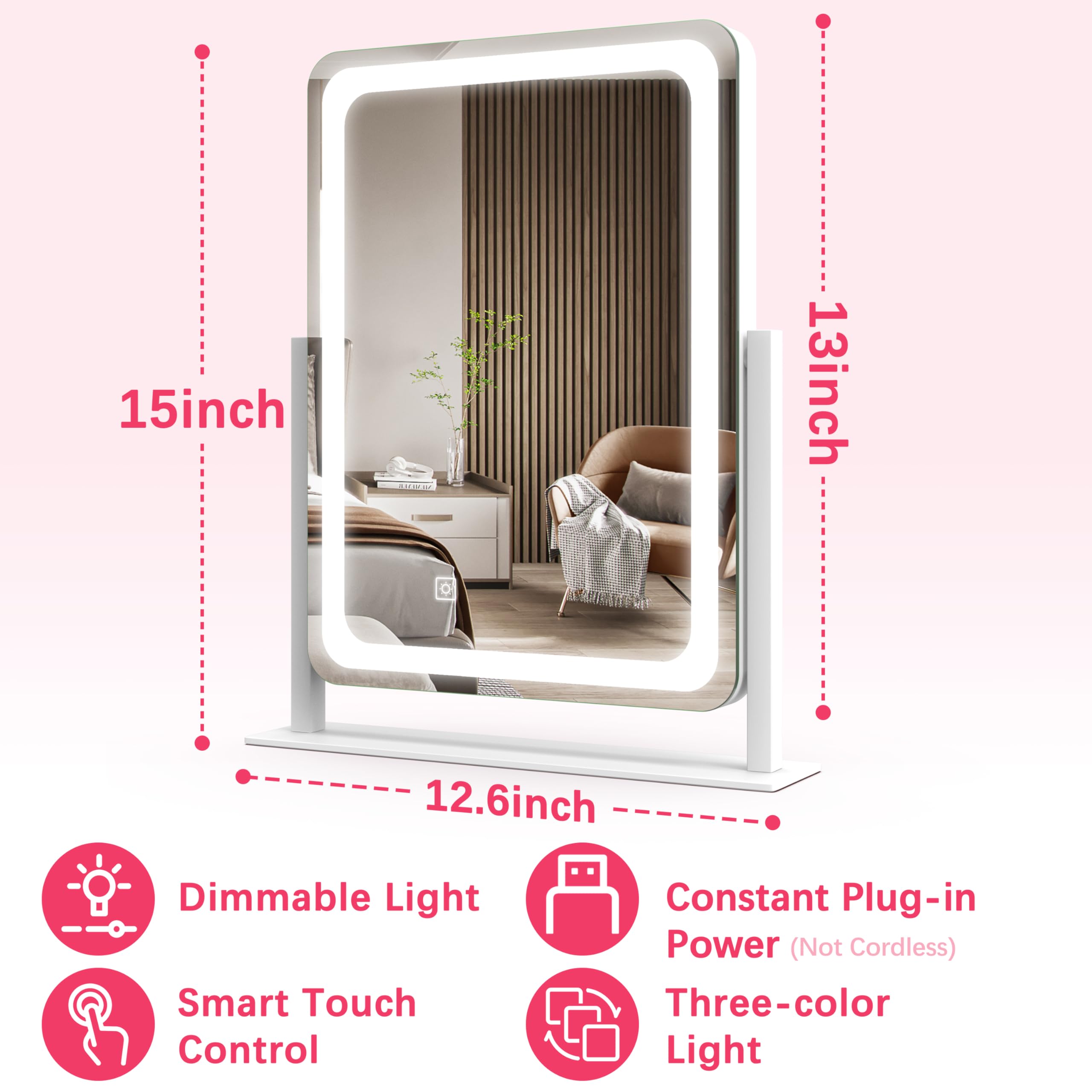ROLOVE Kosmetikspiegel mit Lichtern, 32,6 x 38,1 cm, LED-Make-up-Spiegel, beleuchteter Make-up-Spiegel mit Lichtern, Smart-Touch-Steuerung, dimmbar, 3 Modi, beleuchteter Spiegel für Schminktisch,