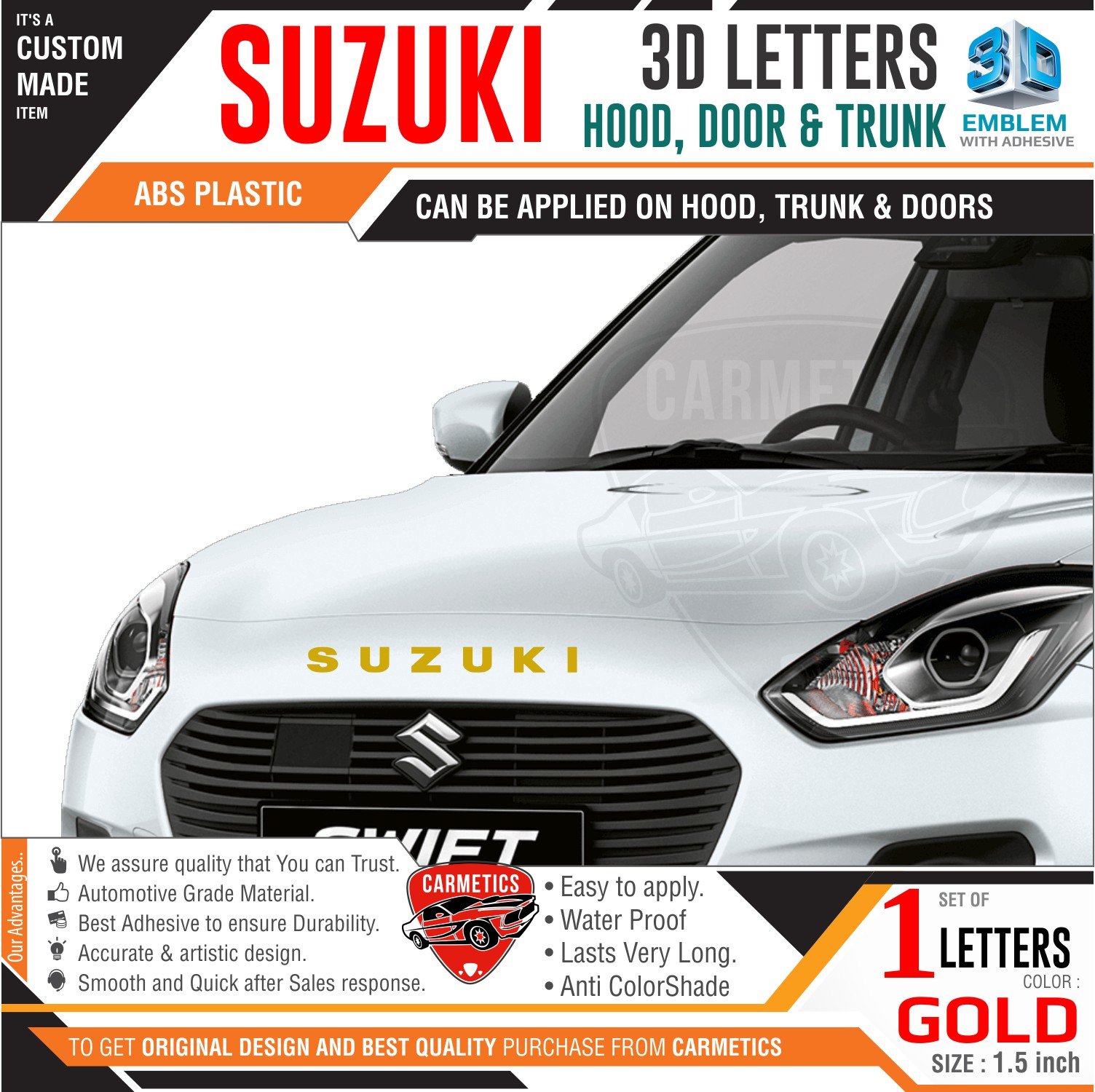 専用【のの様】SUZUKI活字体バージョン完成品♪ CarMetics Suzuki 3D Letters for Maruti Suzuki Alto 800 Gold Color
