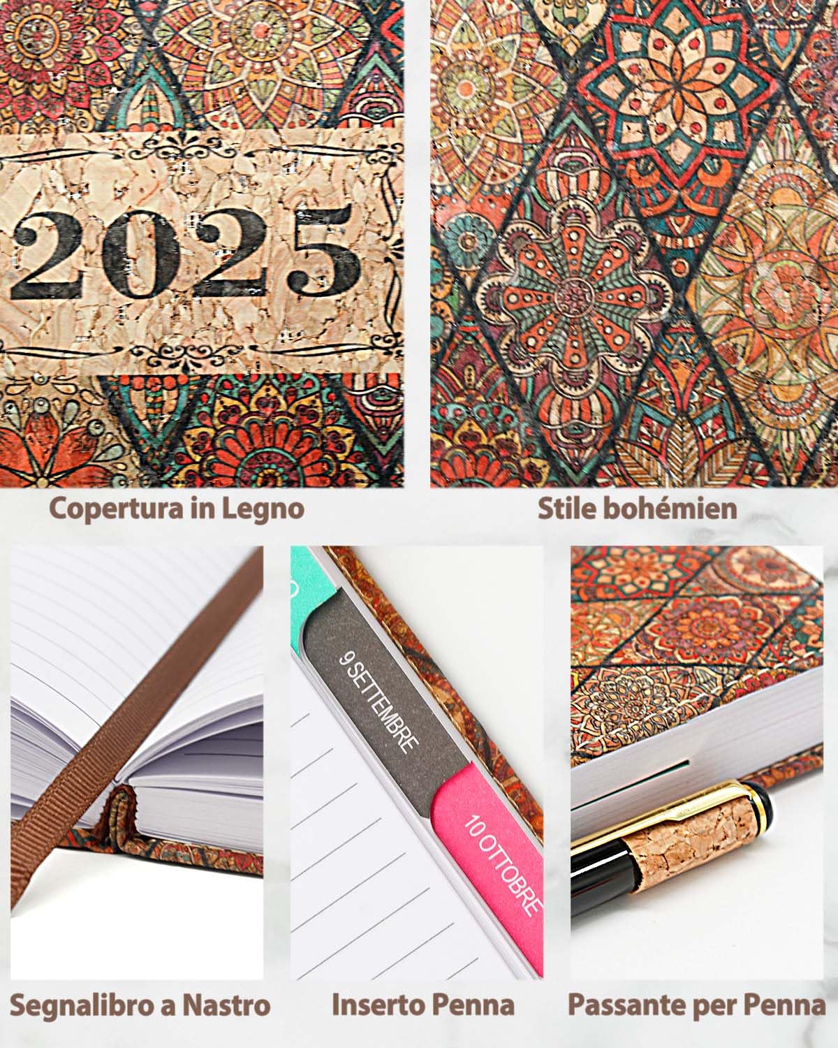 HW CASA Agenda 2025 Stampata in Stile Bohémien con Copertina Rigida,Formato A5,200 Pagine,Pelle Vegana con Venature del Legno Simulata,Etichette Mensili Colorate,Con Passante per Penna,Quadrilatero