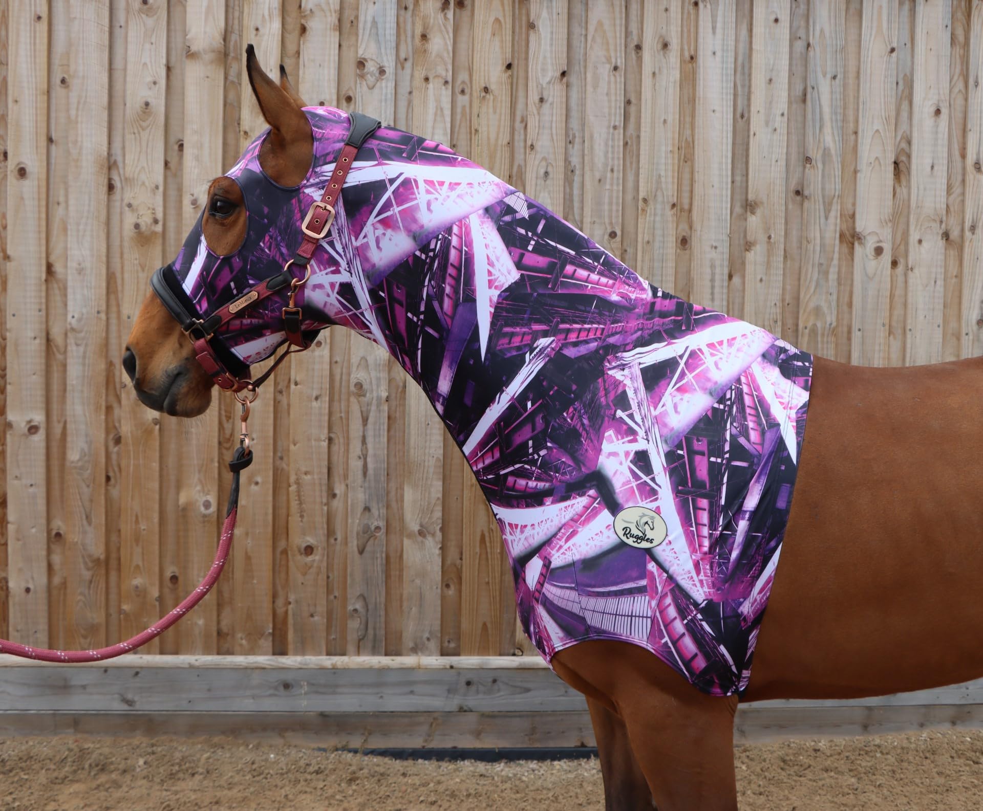 Ruggles Lycra Hood for Horses and Ponies | Chin to Chest Zip | Four way stretch Nylon Lycra | Available With or Without Ears (Purple Graphic Print, Large Without Ears)