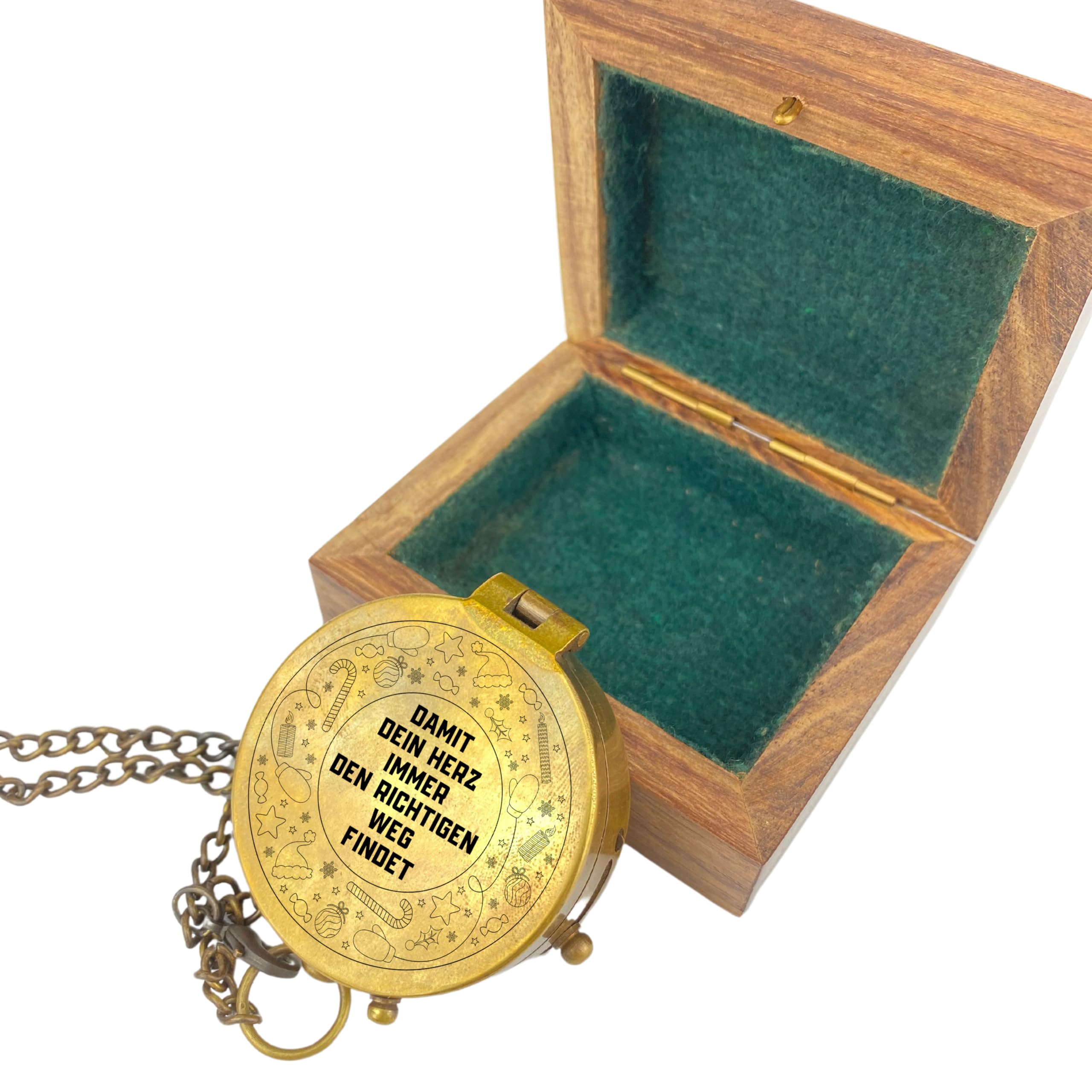 Personalisierter Kompass mit Gravur Wunschmotiv Weihnachten und Wunschtext Name Diverse Designs Messing Ledertasche Geschenkbox Geschenkidee (Vintage Optik)
