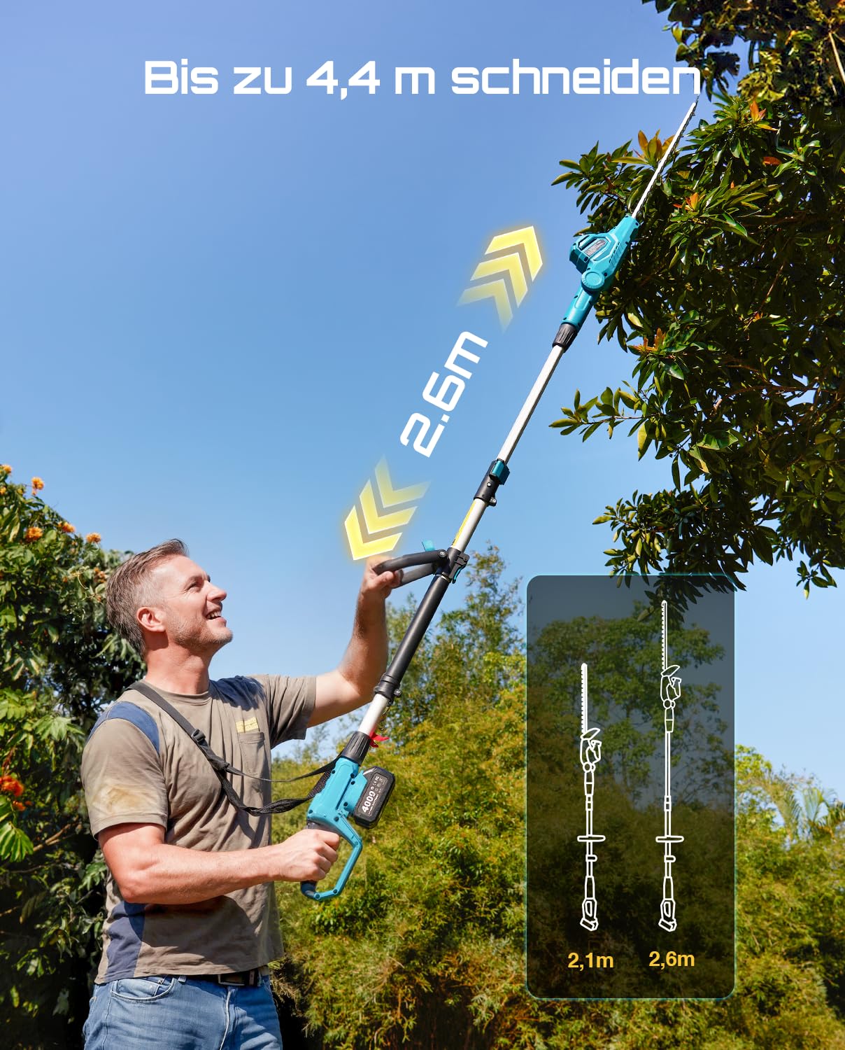 SEESII Teleskop Heckenschere Akku 20 Zoll, Leicht 3,91kg für Senioren & Frauen, 4,4m Reichweite, 600W mit 2x4000mAh Akku, 135° Schwenkkopf, Elektrische Heckentrimmer Langstiel für Hohe Hecken