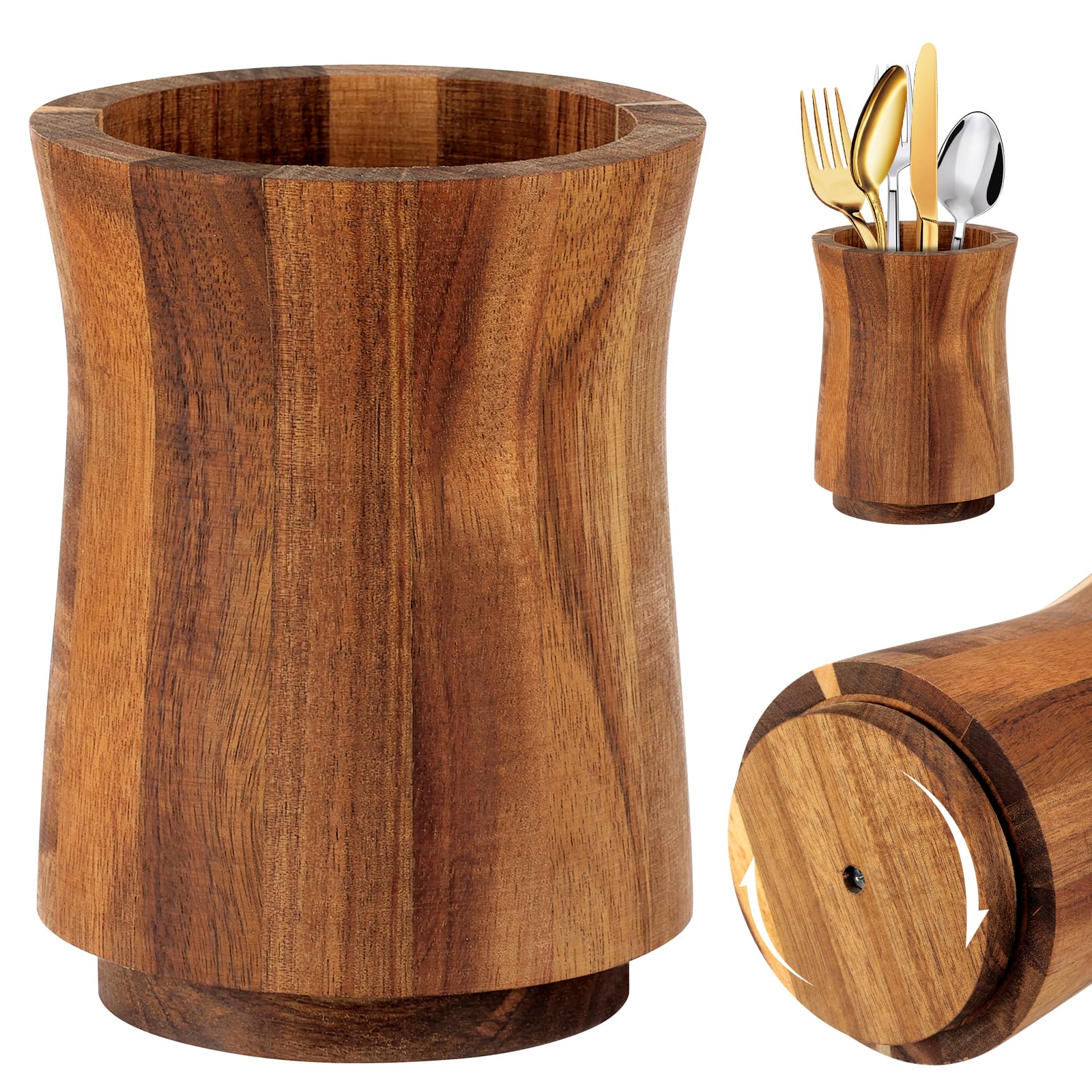 Yuekuntj Small Size Acacia Wood Utensil Holder, Rotating Cooking Utensil Crock, Cutlery Organizer Countertop, 360° Rotating Cutlery Box, Rustic Farmhouse Style Utensils Pot For Spatula Storage(Small Size)