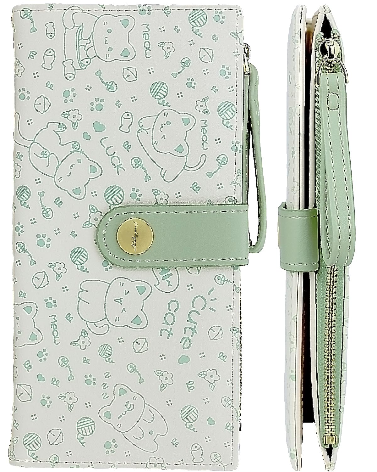 Farcauo Green Cat Pattern Wallet for Women and Ladies Long Leather Coin Purse with Cute Kawaii Design Minimalist Credit Card Holder and ID Window Travel Cash Wallet for Ladies