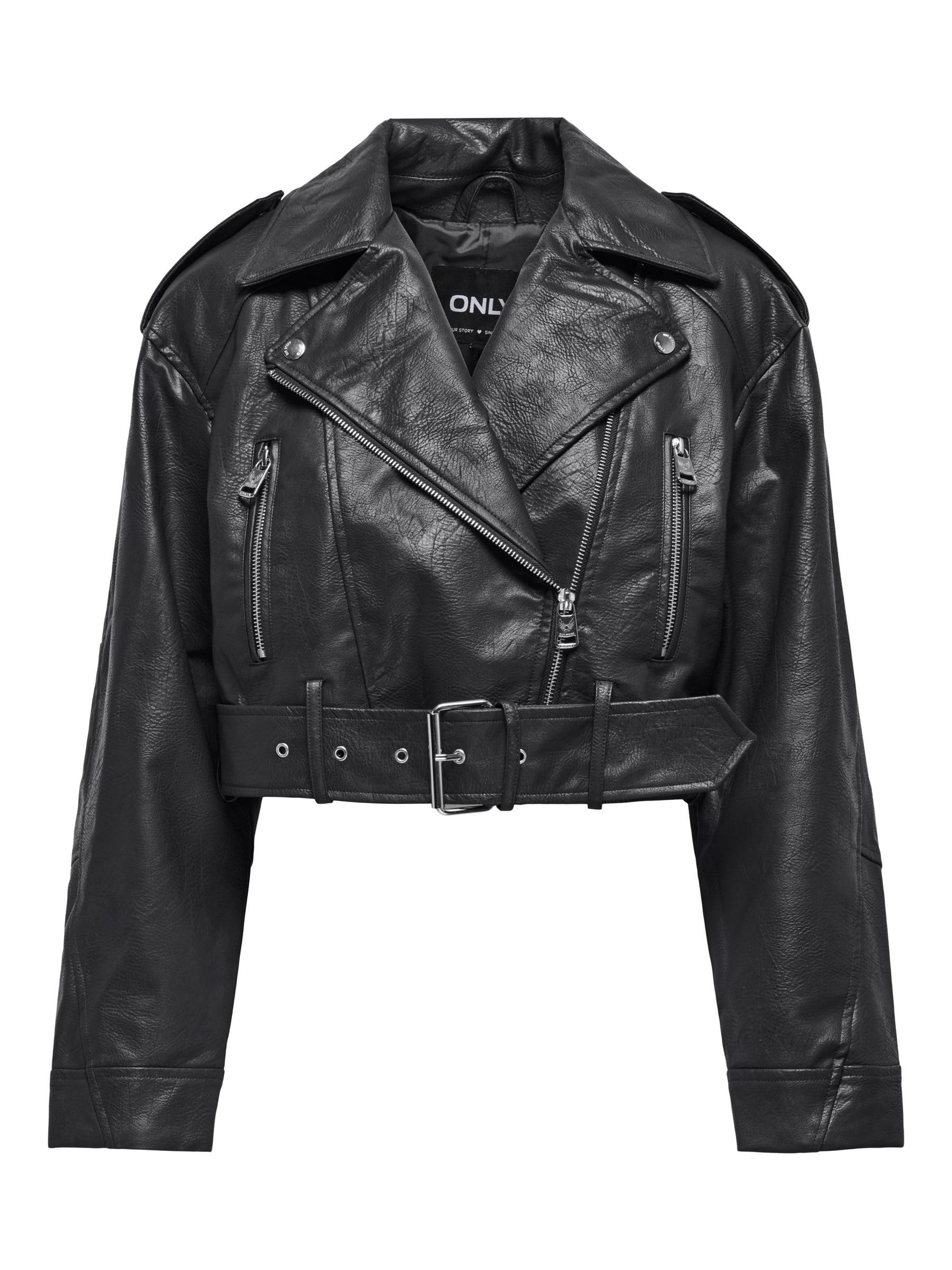 ONLY Women's Onlvera Faux Leather Crop Biker CC OTW Jacket, Black, M
